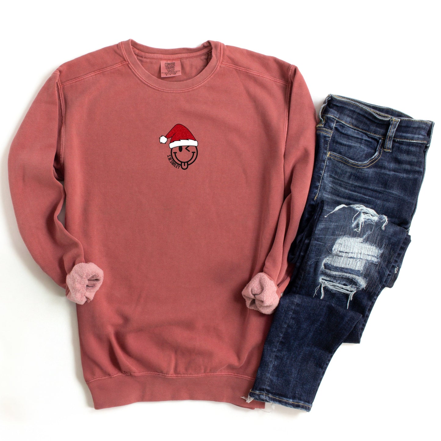 S.W.Smiley Santa Hat Glitter - Women's Garment Dyed Graphic Sweatshirt