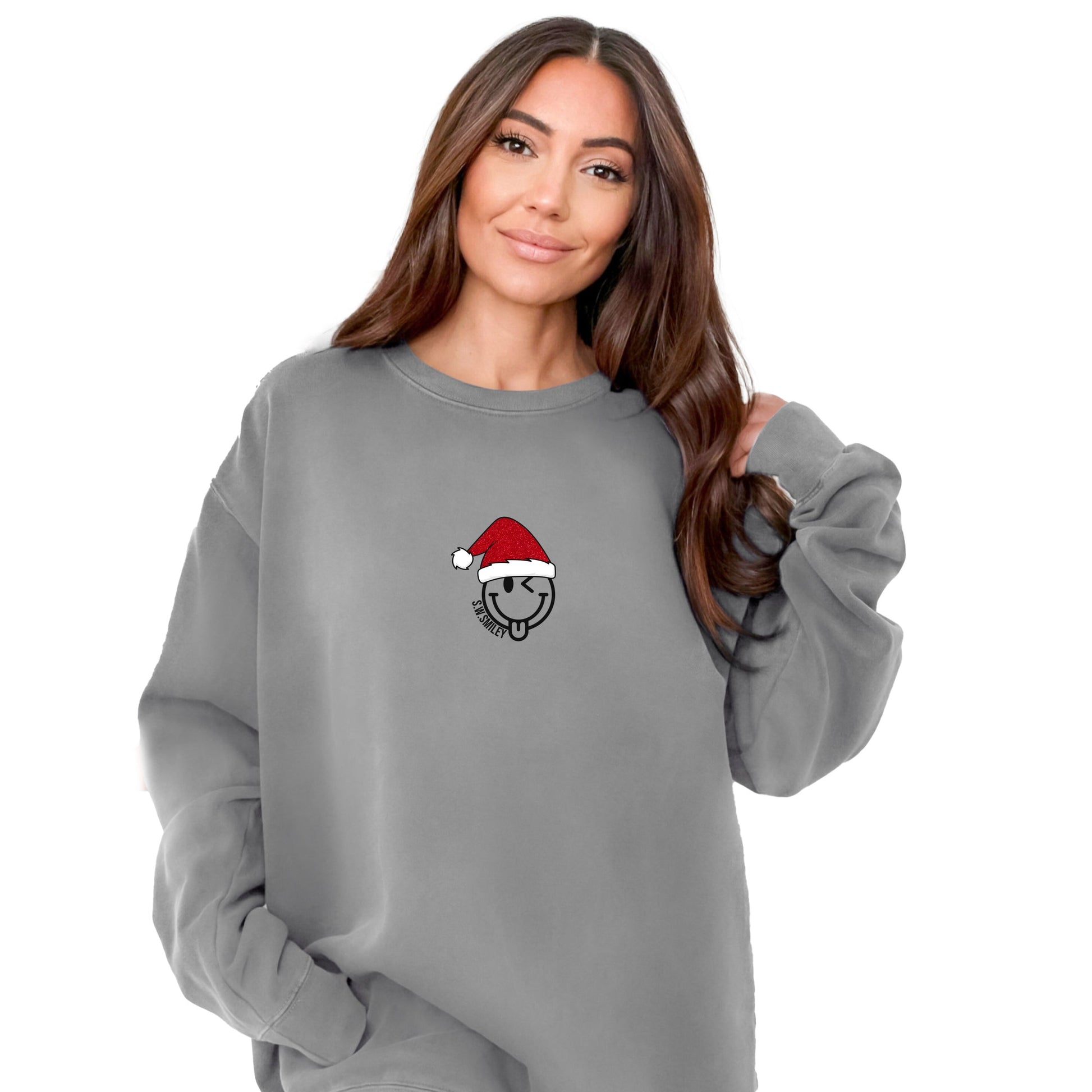 S.W.Smiley Santa Hat Glitter - Women's Garment Dyed Graphic Sweatshirt