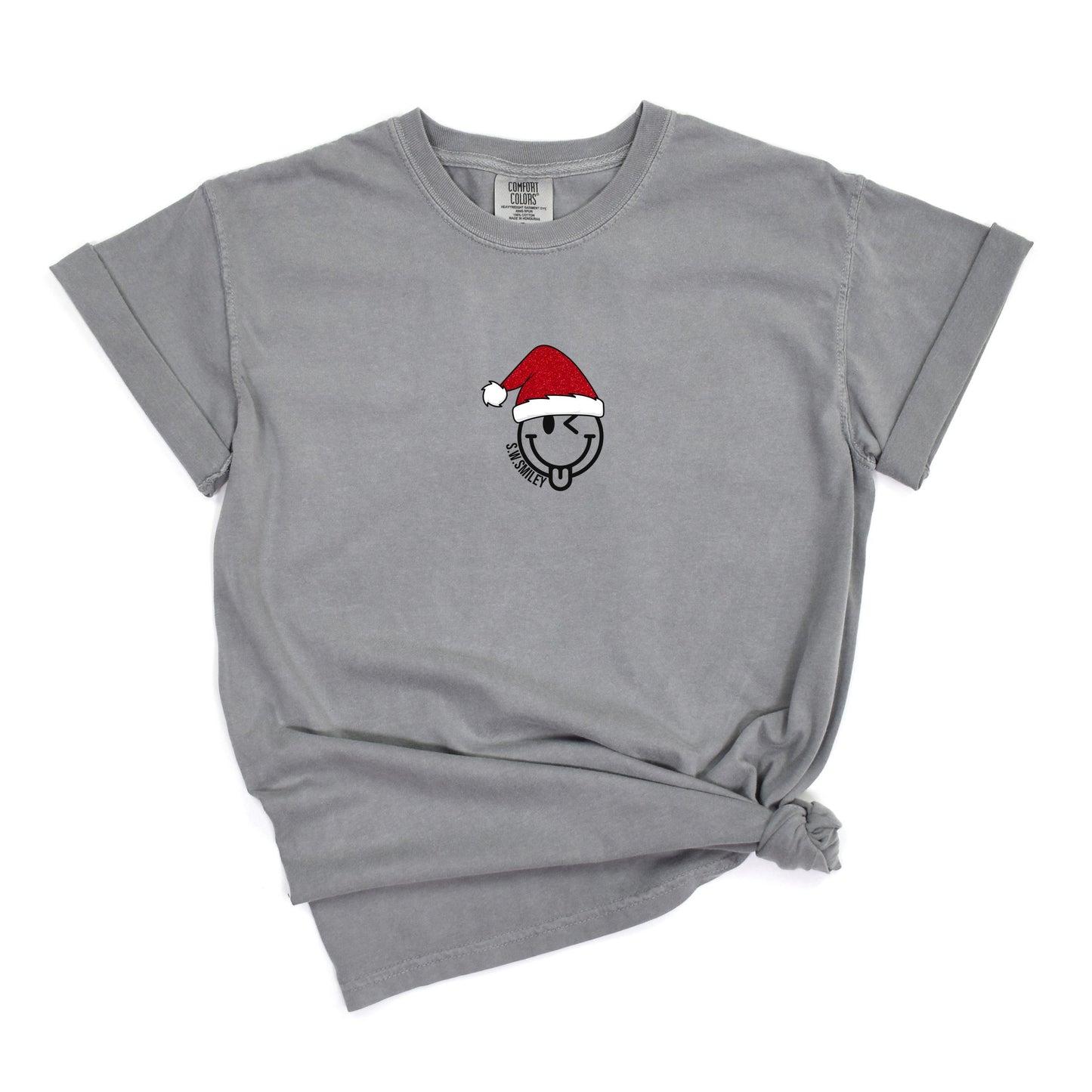 S.W.Smiley Santa Hat Glitter - Women's Garment Dyed Graphic T-Shirt