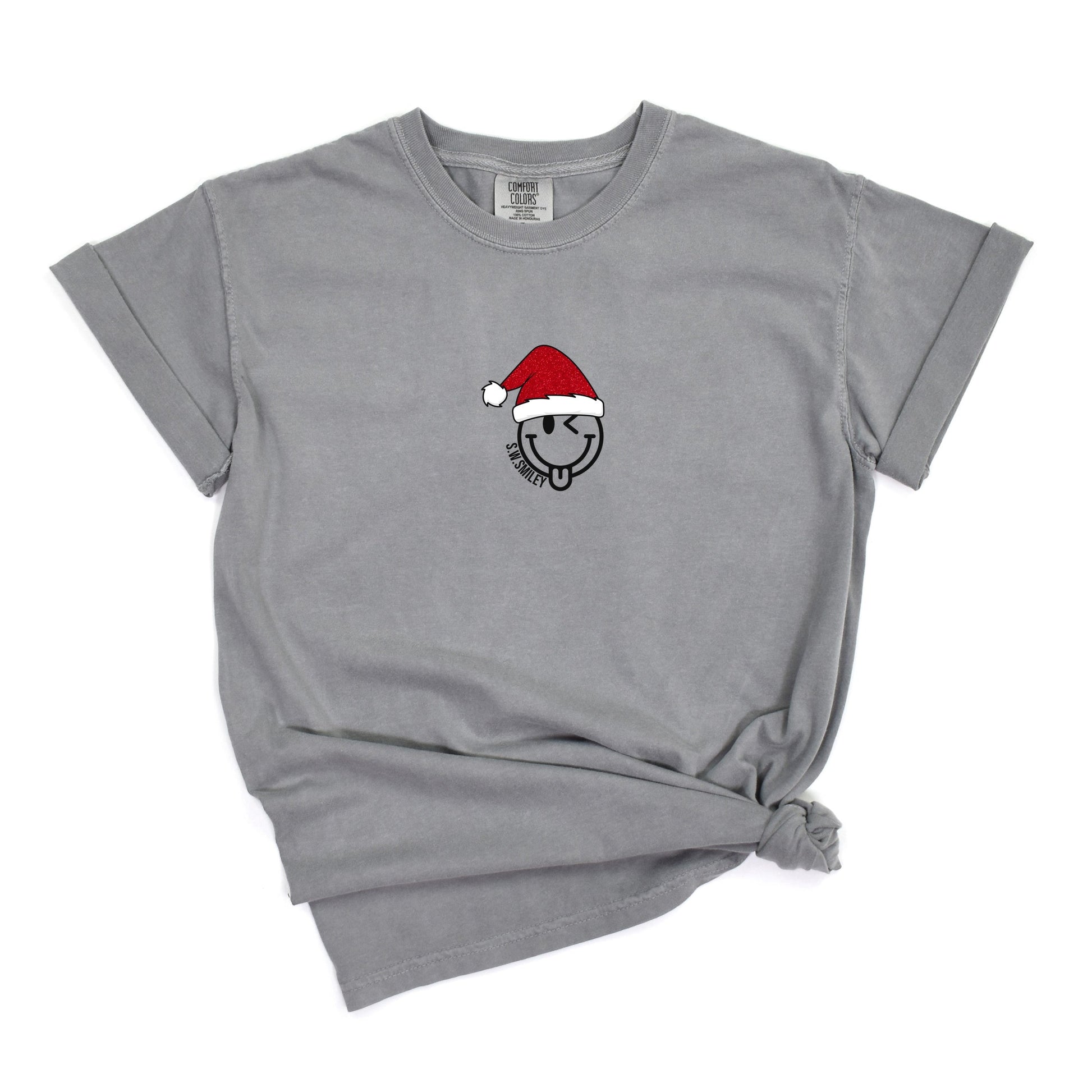 S.W.Smiley Santa Hat Glitter - Women's Garment Dyed Graphic T-Shirt