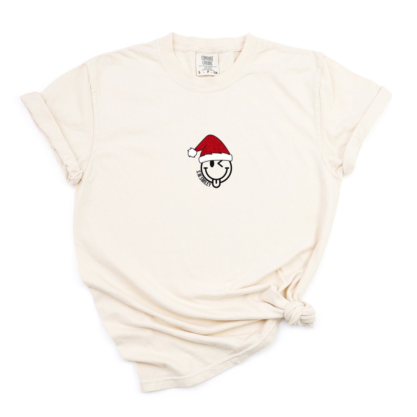 S.W.Smiley Santa Hat Glitter - Women's Garment Dyed Graphic T-Shirt