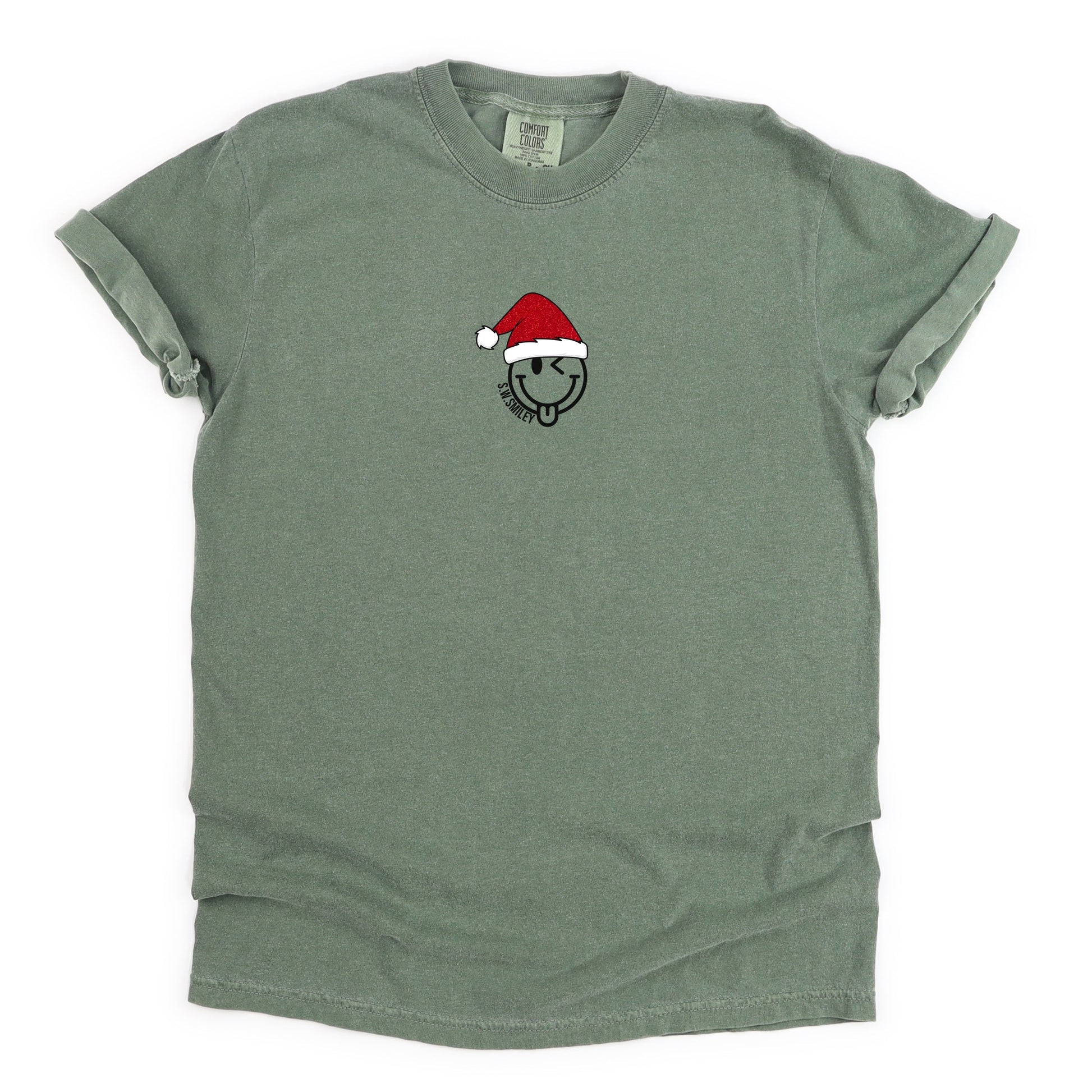 S.W.Smiley Santa Hat Glitter - Women's Garment Dyed Graphic T-Shirt