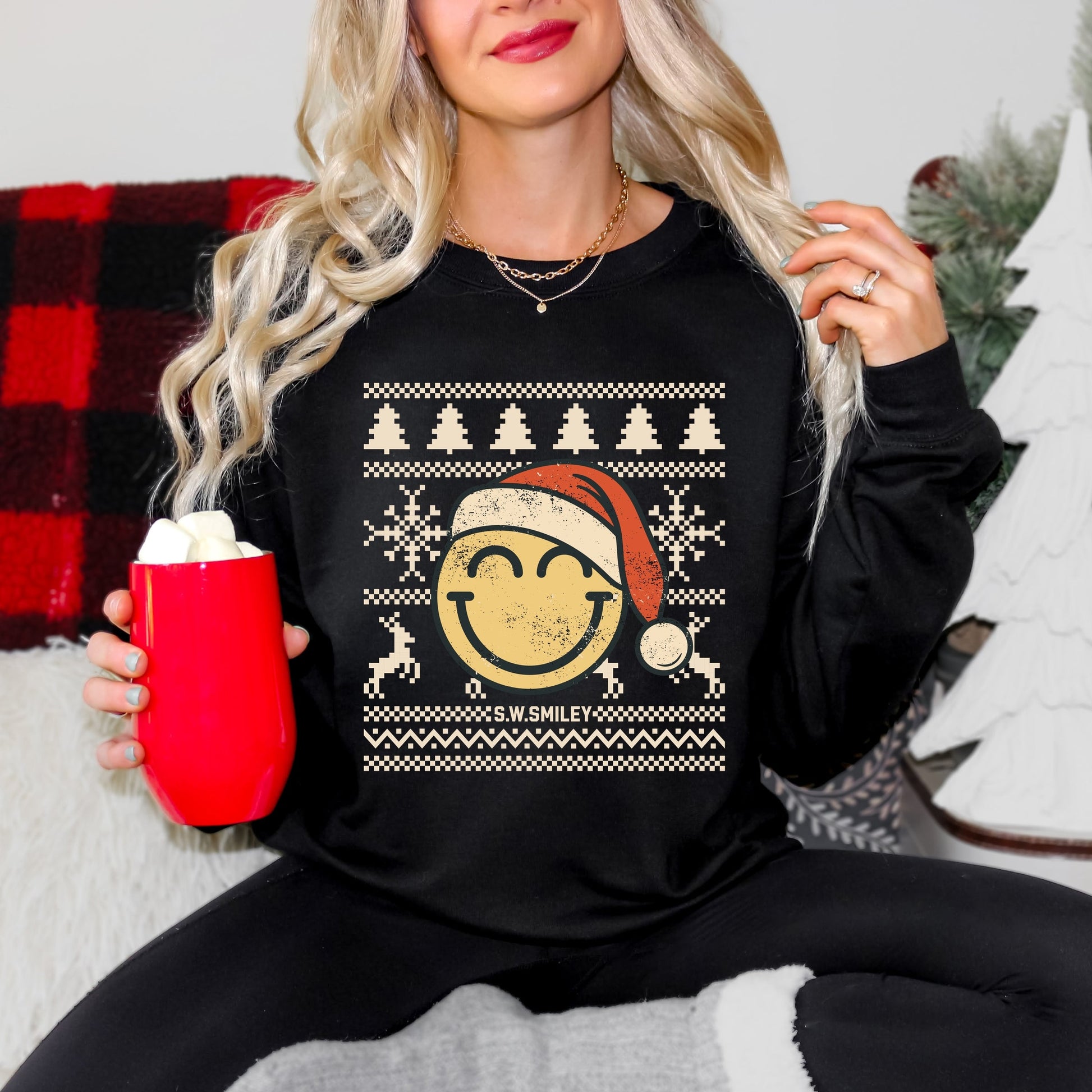 S.W.Smiley Ugly Christmas Sweater Distressed - Women's Graphic Sweatshirt