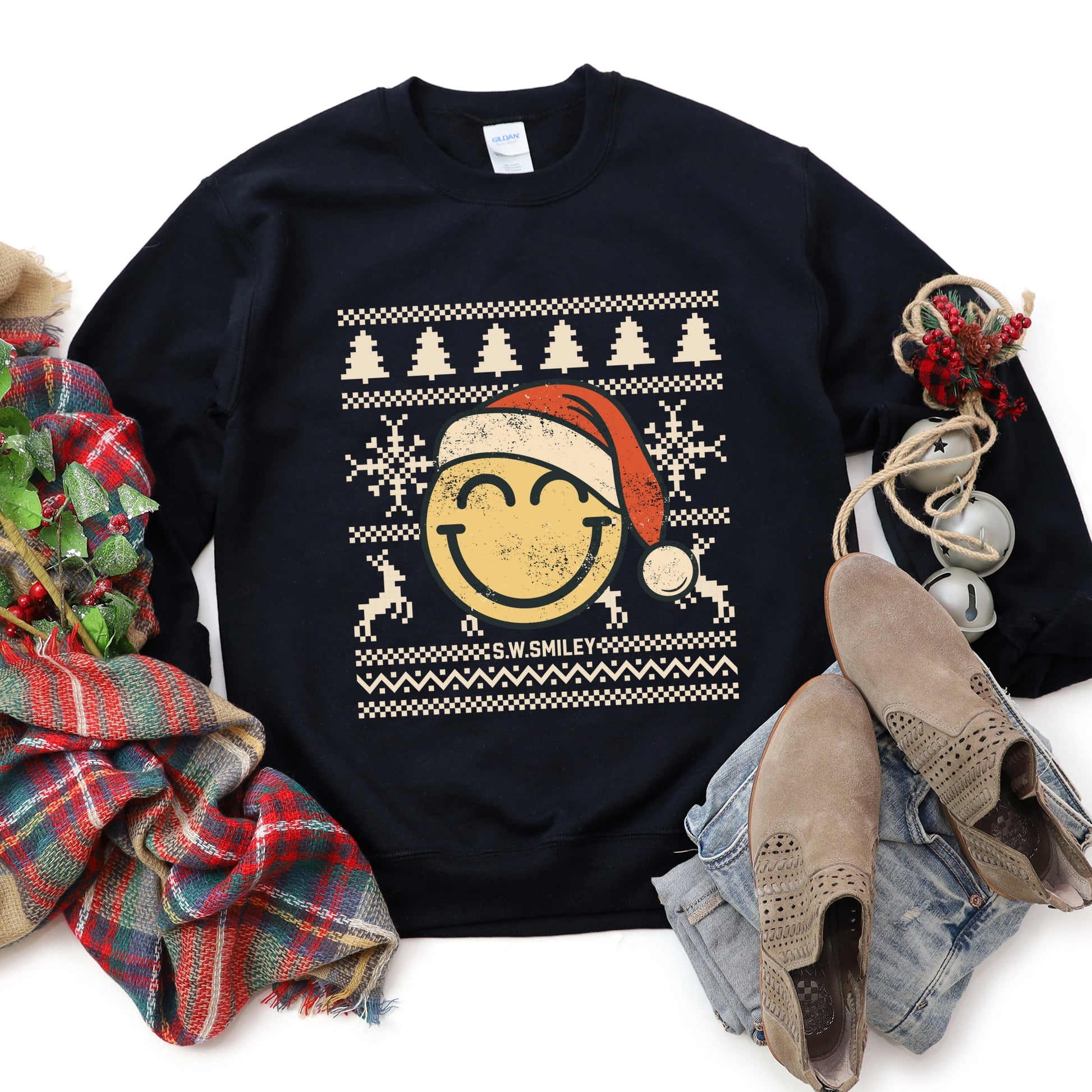 S.W.Smiley Ugly Christmas Sweater Distressed - Women's Graphic Sweatshirt