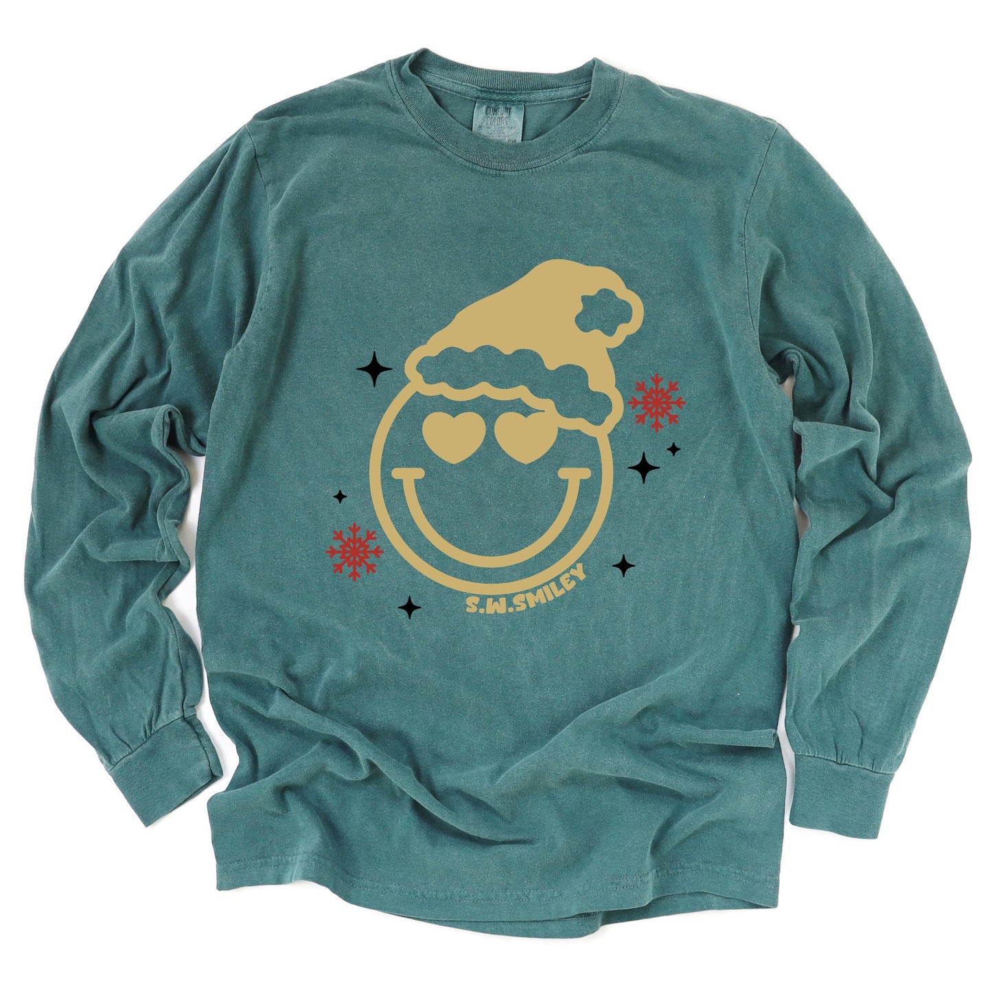 S.W.Smiley Christmas Heart Eyes - Women's Garment Dyed Long Sleeve Graphic T-Shirt