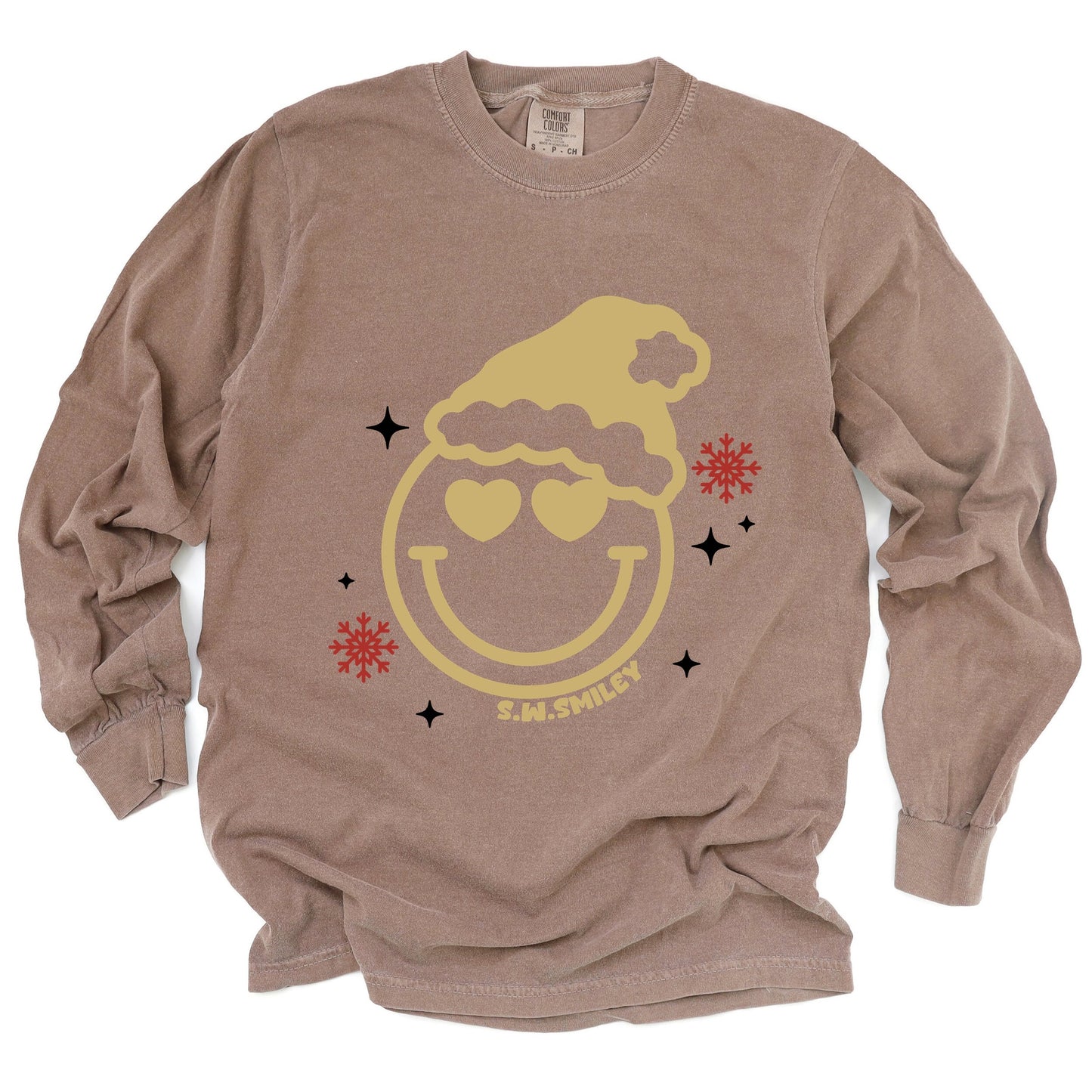 S.W.Smiley Christmas Heart Eyes - Women's Garment Dyed Long Sleeve Graphic T-Shirt