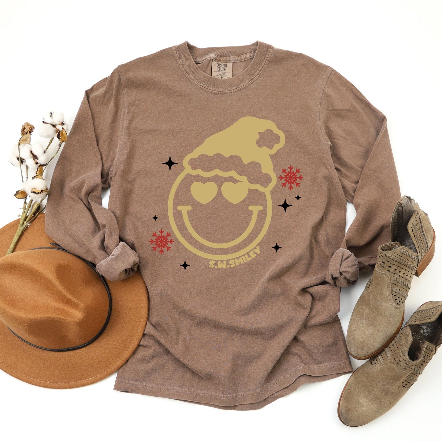 S.W.Smiley Christmas Heart Eyes - Women's Garment Dyed Long Sleeve Graphic T-Shirt