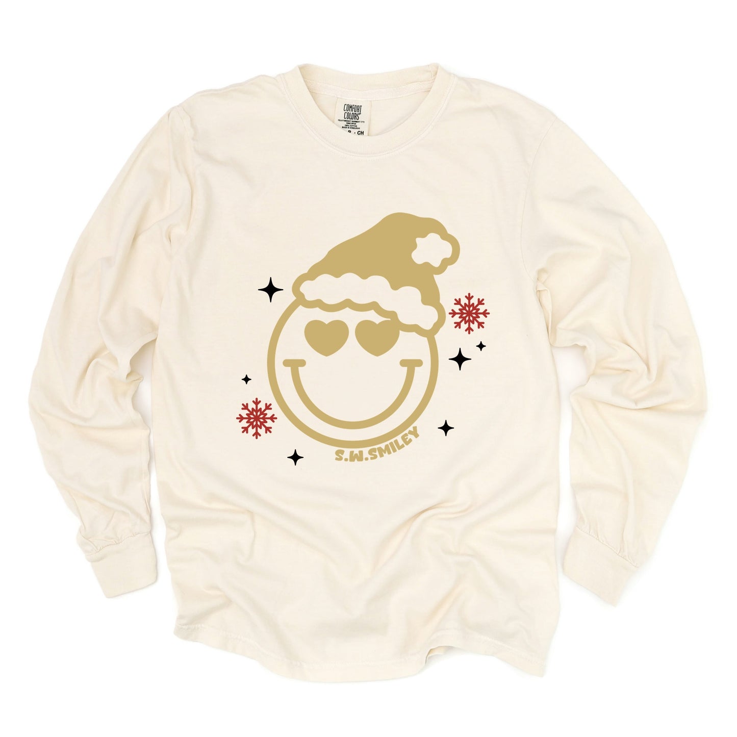 S.W.Smiley Christmas Heart Eyes - Women's Garment Dyed Long Sleeve Graphic T-Shirt