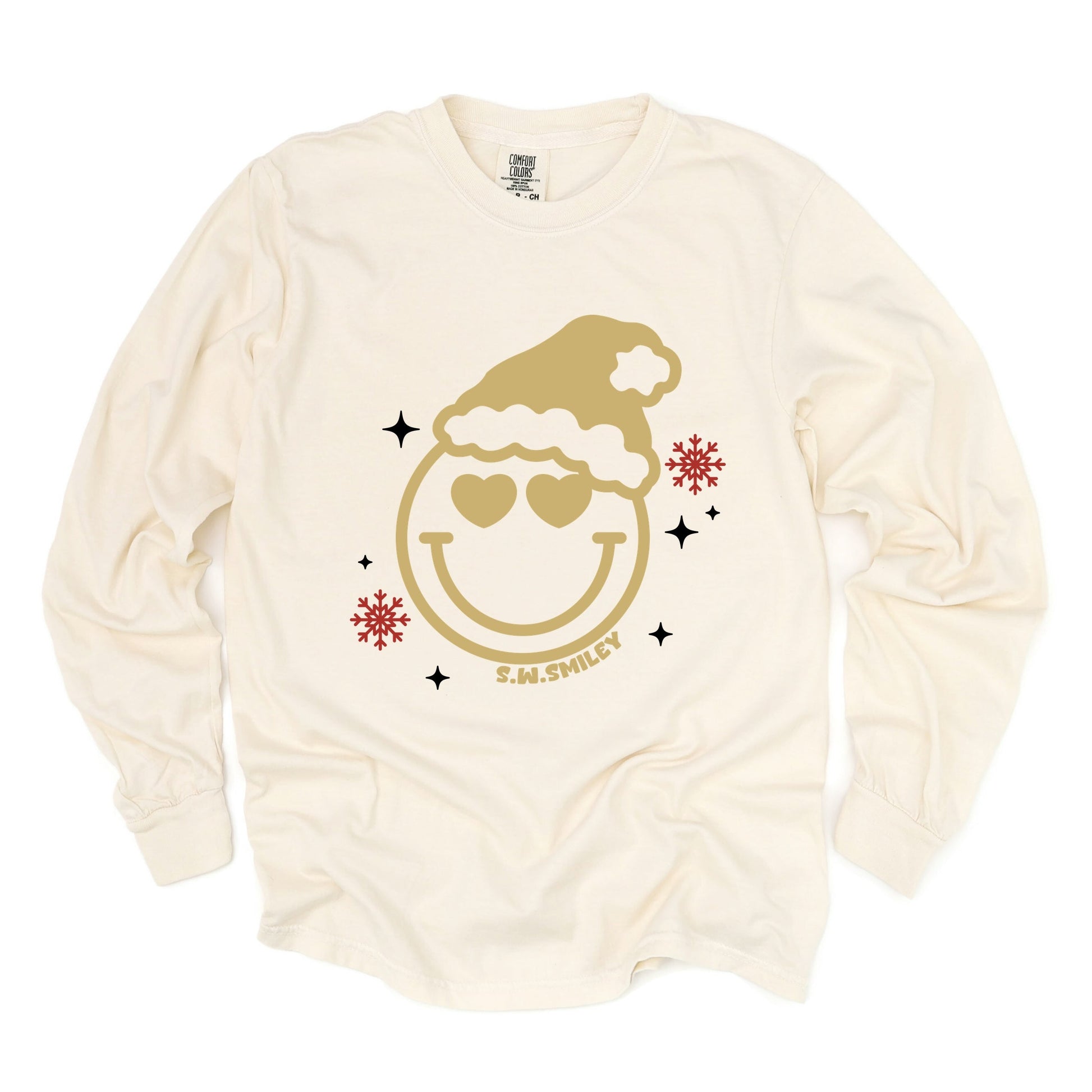 S.W.Smiley Christmas Heart Eyes - Women's Garment Dyed Long Sleeve Graphic T-Shirt