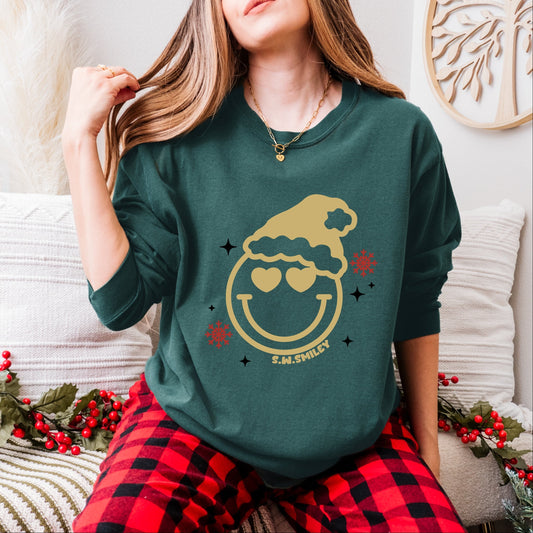 S.W.Smiley Christmas Heart Eyes - Women's Garment Dyed Long Sleeve Graphic T-Shirt
