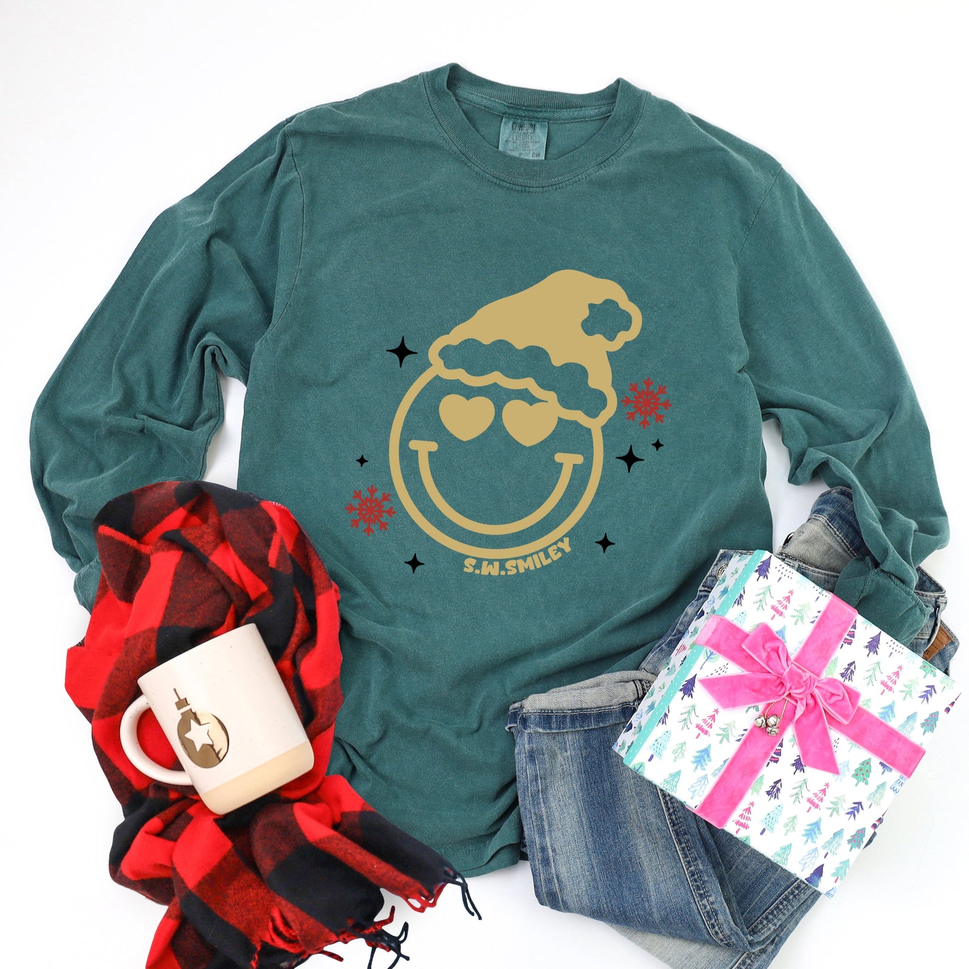 S.W.Smiley Christmas Heart Eyes - Women's Garment Dyed Long Sleeve Graphic T-Shirt