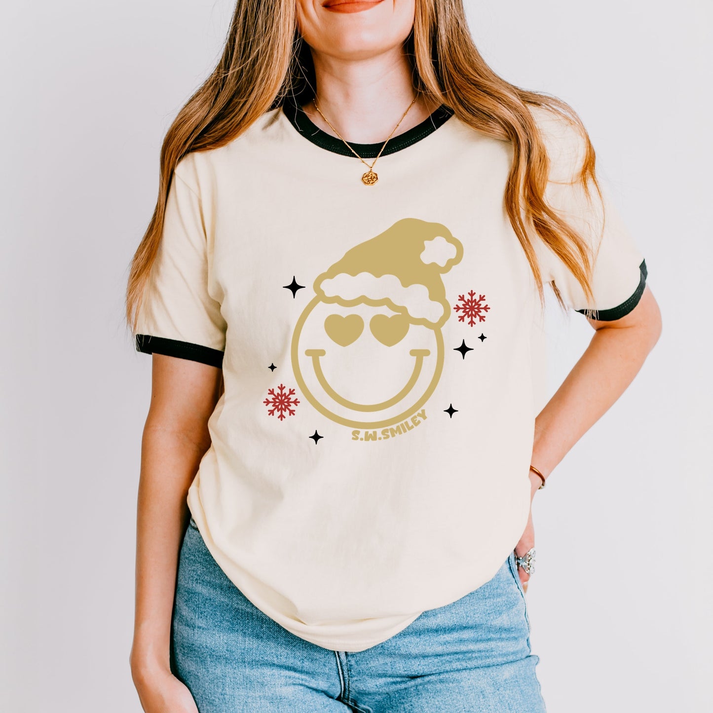 S.W.Smiley Christmas Heart Eyes - Women's Ringer Graphic T-Shirt