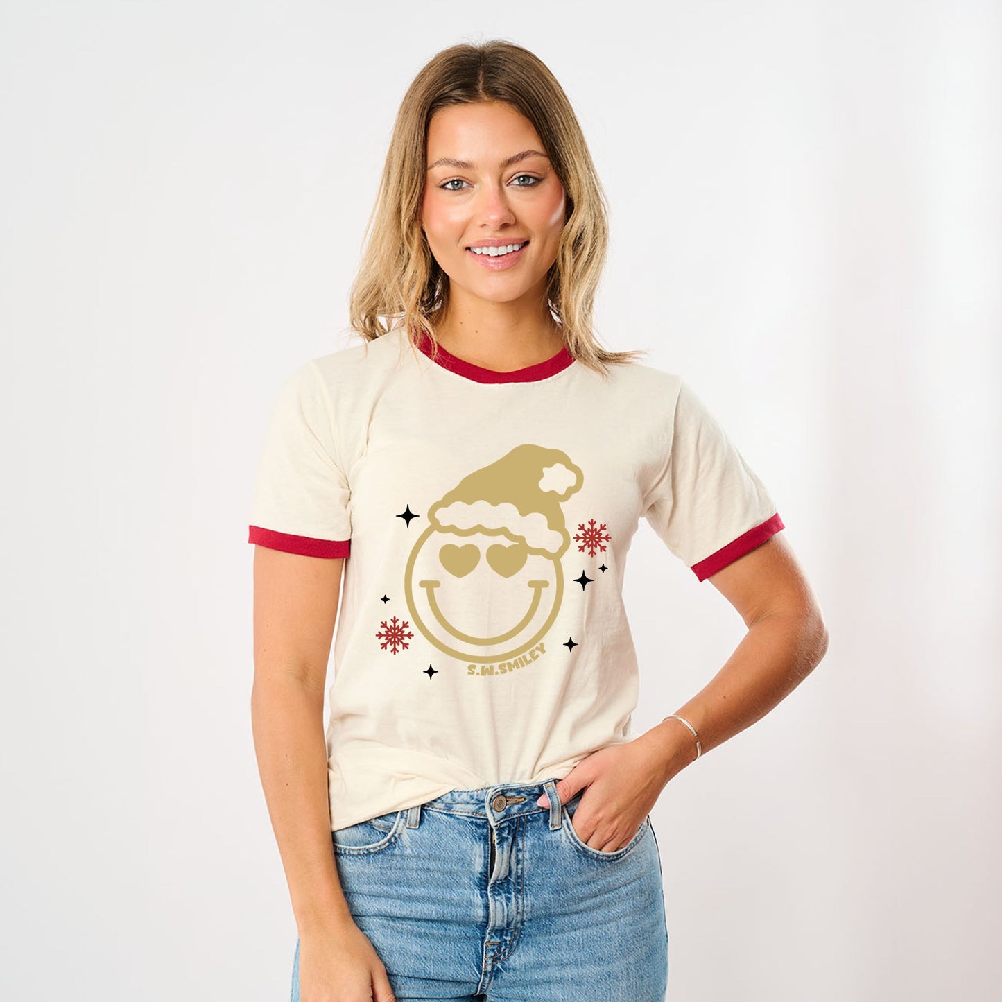 S.W.Smiley Christmas Heart Eyes - Women's Ringer Graphic T-Shirt