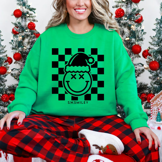 S.W.Smiley Checkered Christmas Wink - Women's Graphic Sweatshirt