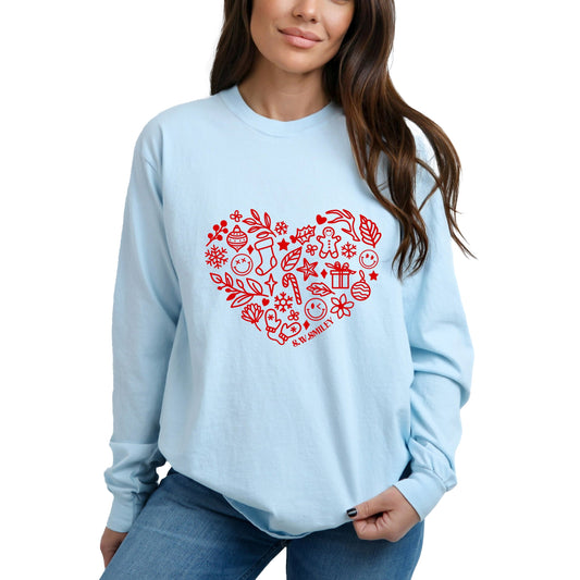S.W.Smiley Christmas Outline Heart - Women's Garment Dyed Long Sleeve Graphic T-Shirt