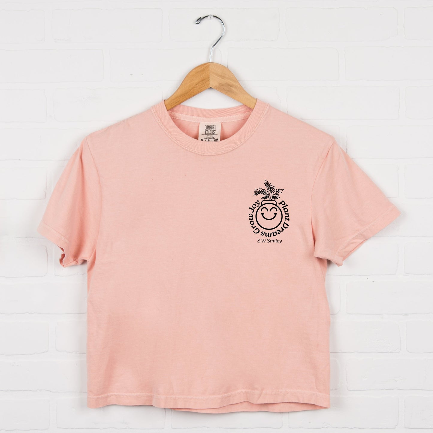 S.W.Smiley Plant Dreams Grow Joy Outline - Women's Boxy Crop Top Graphic T-Shirt