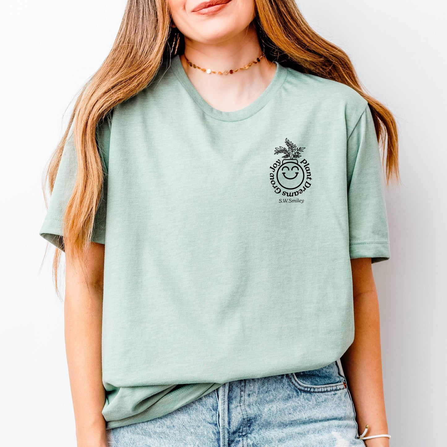 S.W.Smiley Plant Dreams Grow Joy Outline - Women's Short Sleeve Graphic T-Shirt