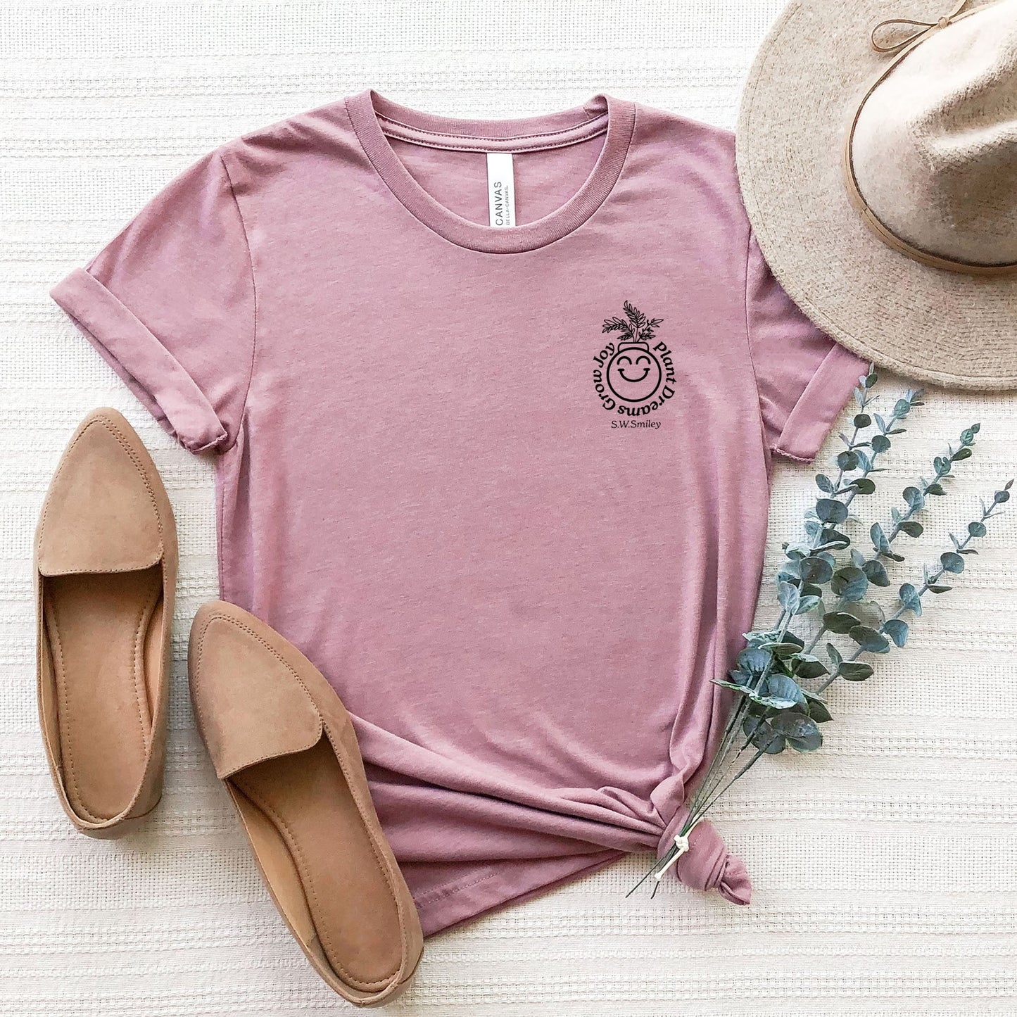 S.W.Smiley Plant Dreams Grow Joy Outline - Women's Short Sleeve Graphic T-Shirt