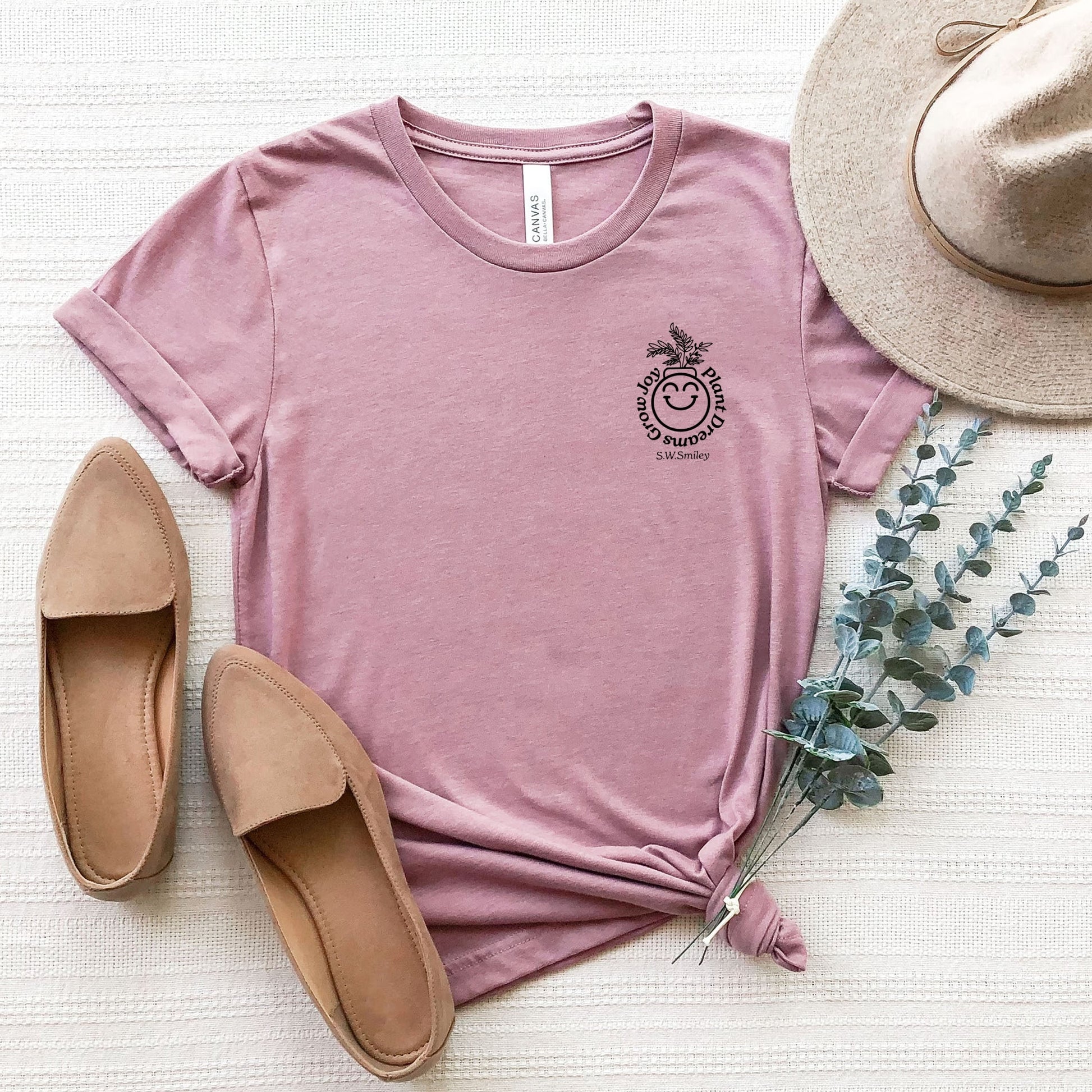 S.W.Smiley Plant Dreams Grow Joy Outline - Women's Short Sleeve Graphic T-Shirt