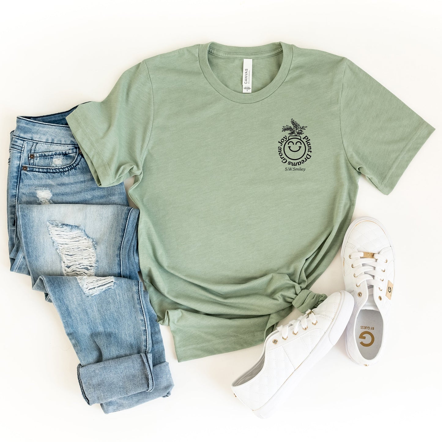 S.W.Smiley Plant Dreams Grow Joy Outline - Women's Short Sleeve Graphic T-Shirt