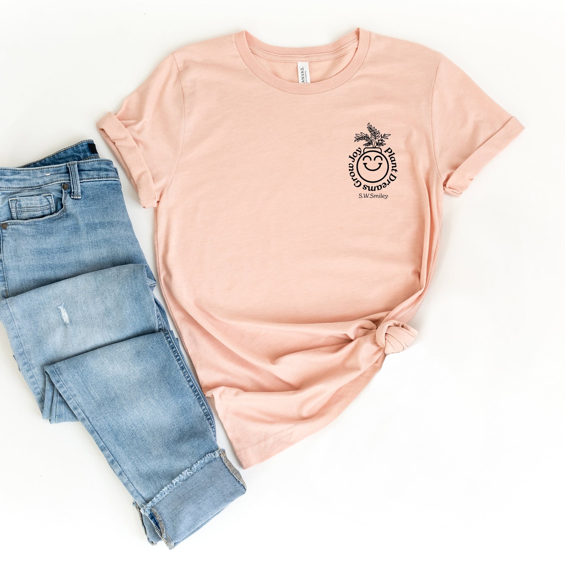 S.W.Smiley Plant Dreams Grow Joy Outline - Women's Short Sleeve Graphic T-Shirt