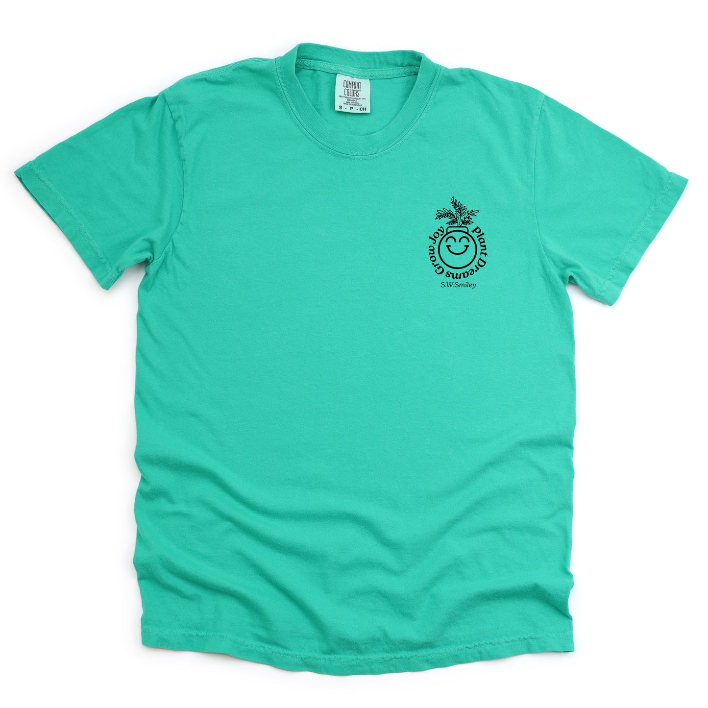 S.W.Smiley Plant Dreams Grow Joy Outline - Women's Garment Dyed Graphic T-Shirt