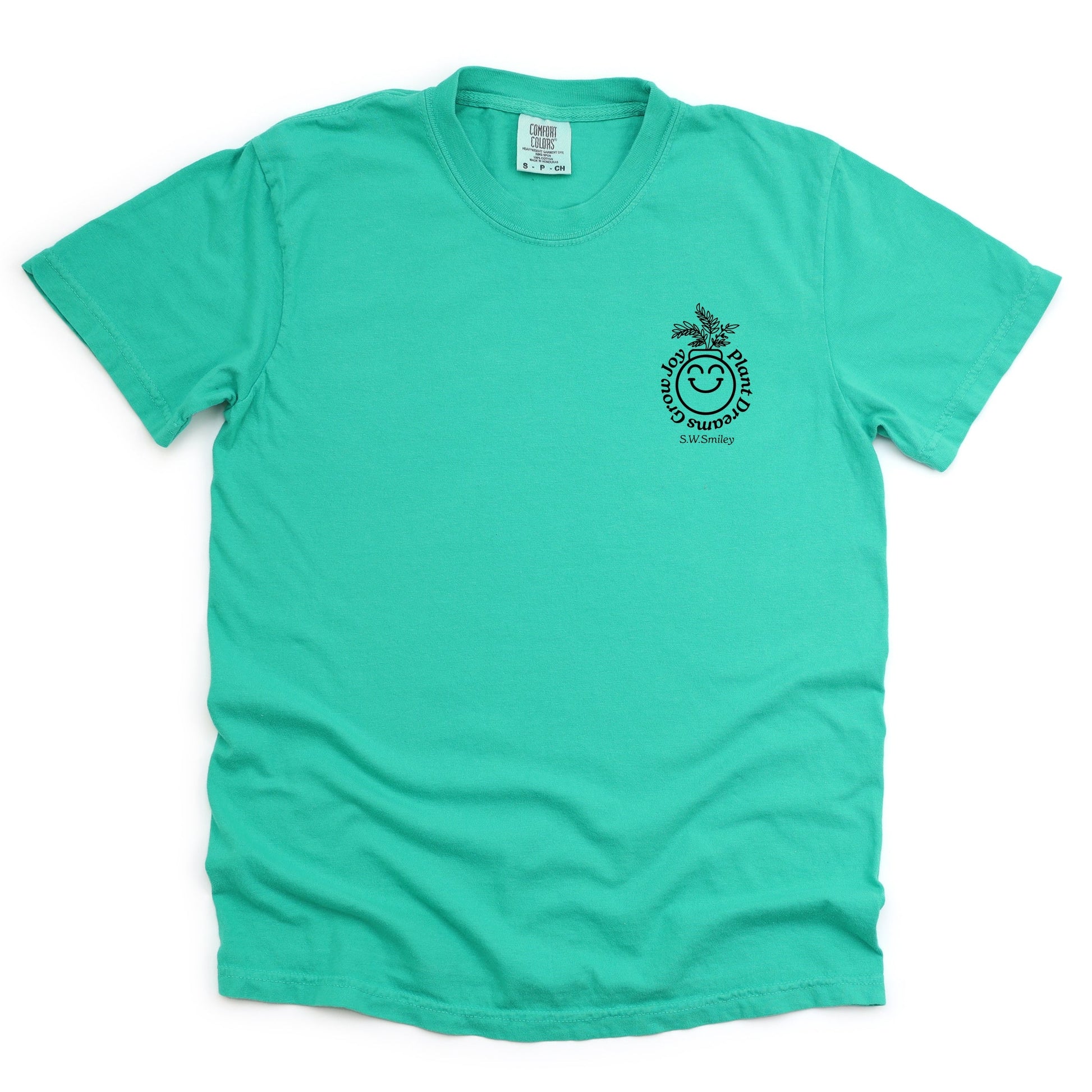 S.W.Smiley Plant Dreams Grow Joy Outline - Women's Garment Dyed Graphic T-Shirt