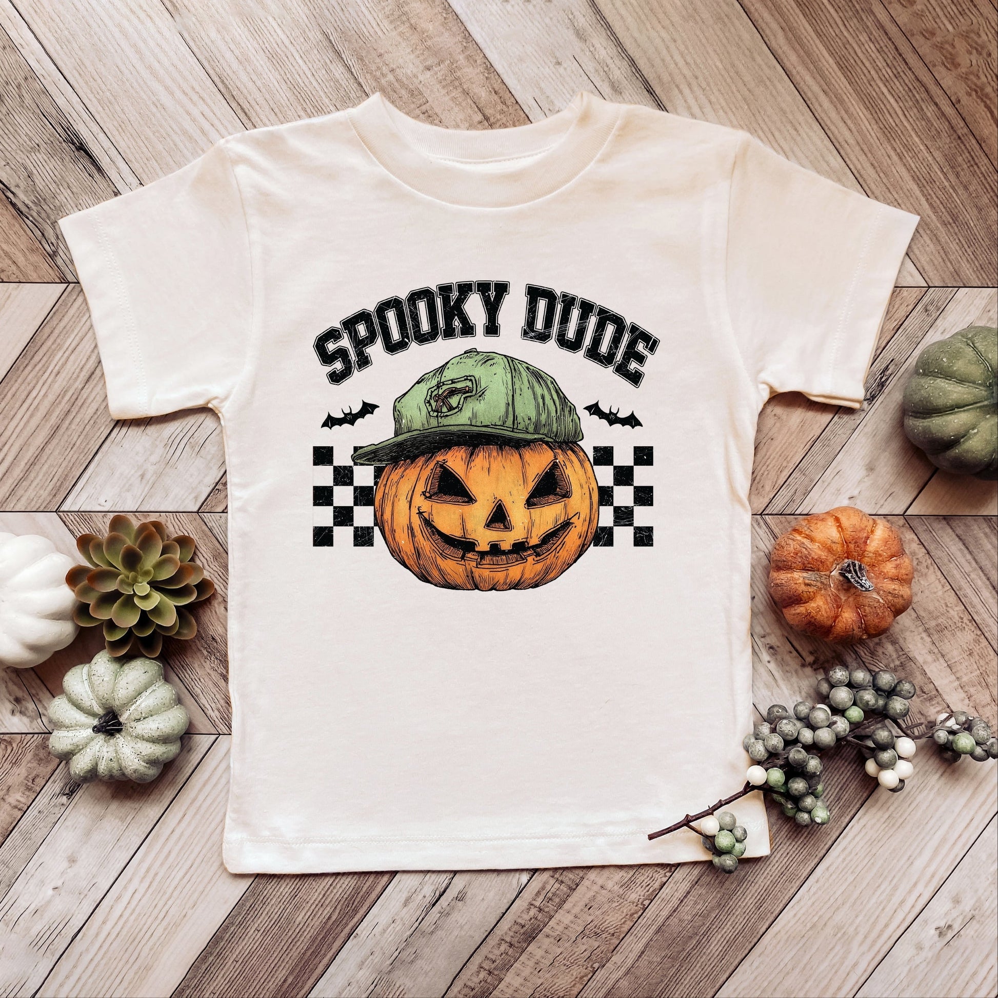 Spooky Dude Checkered Pumpkin - Youth Short Sleeve Graphic T-Shirt and Toddler Short Sleeve Graphic T-Shirt