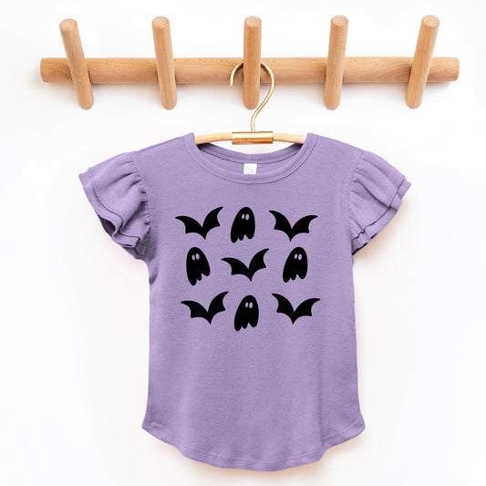 Ghosts and Bats Stacked - Kids Flutter Sleeve Tee