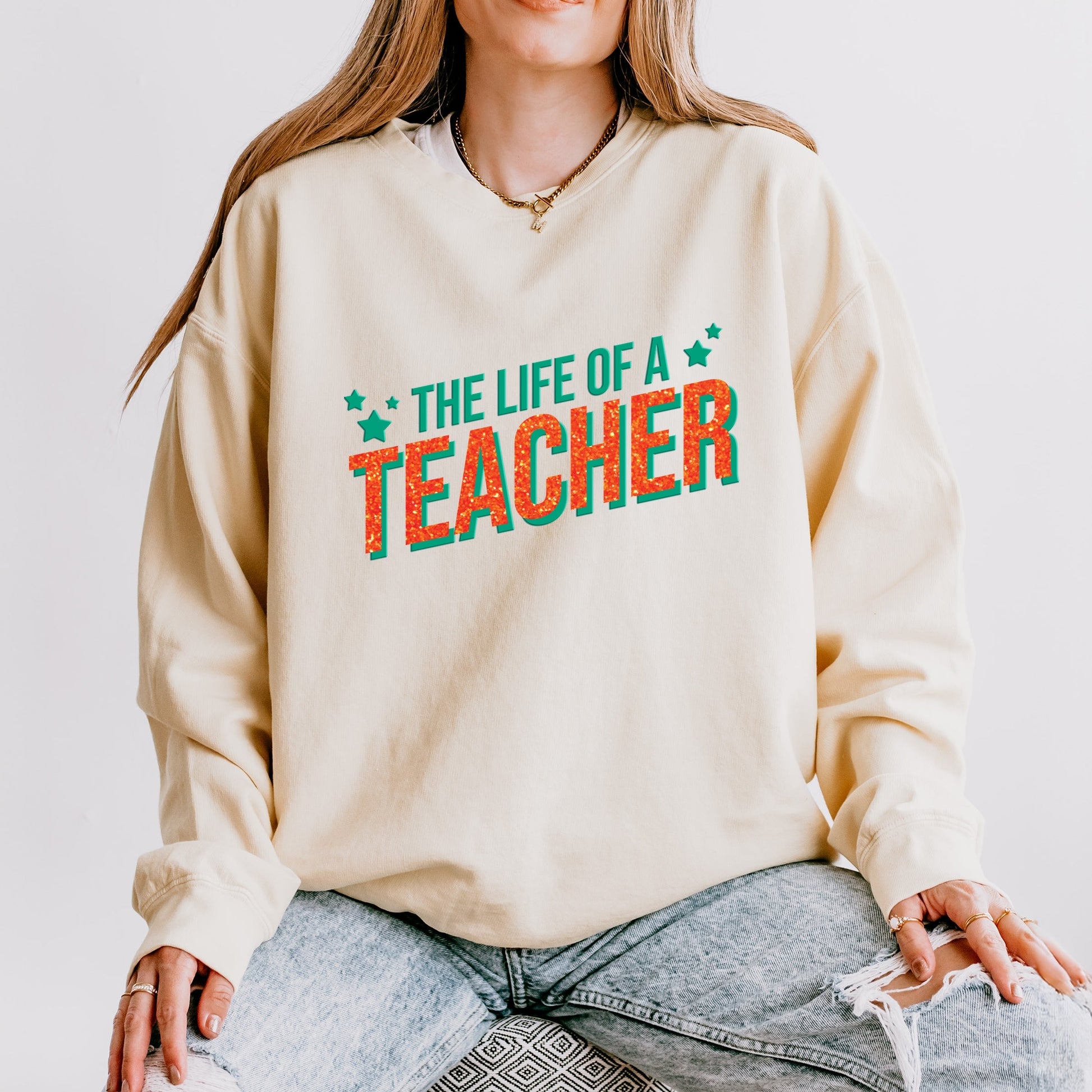 The Life Of A Teacher Puff/Glitter - Womens Lightweight Garment Dyed Sweatshirt