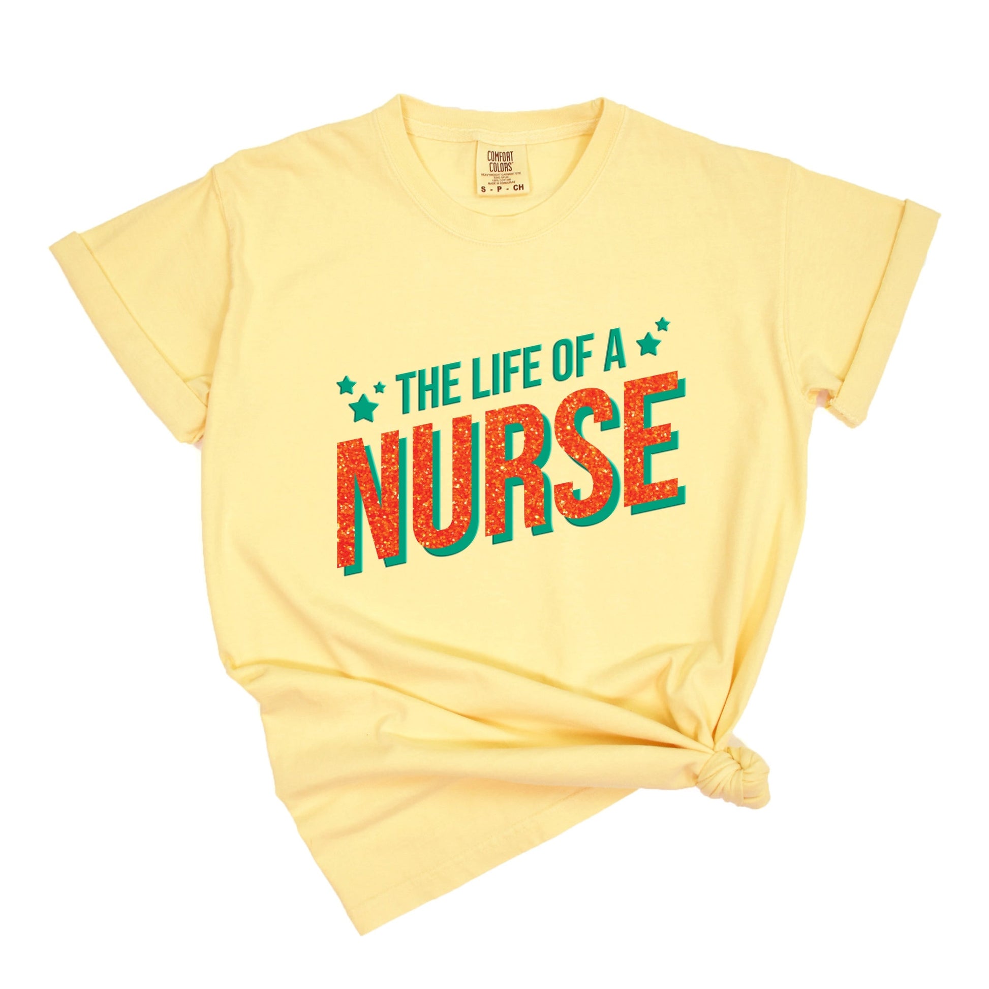 The Life Of A Nurse Puff/Glitter - Womens Garment Dyed Tee