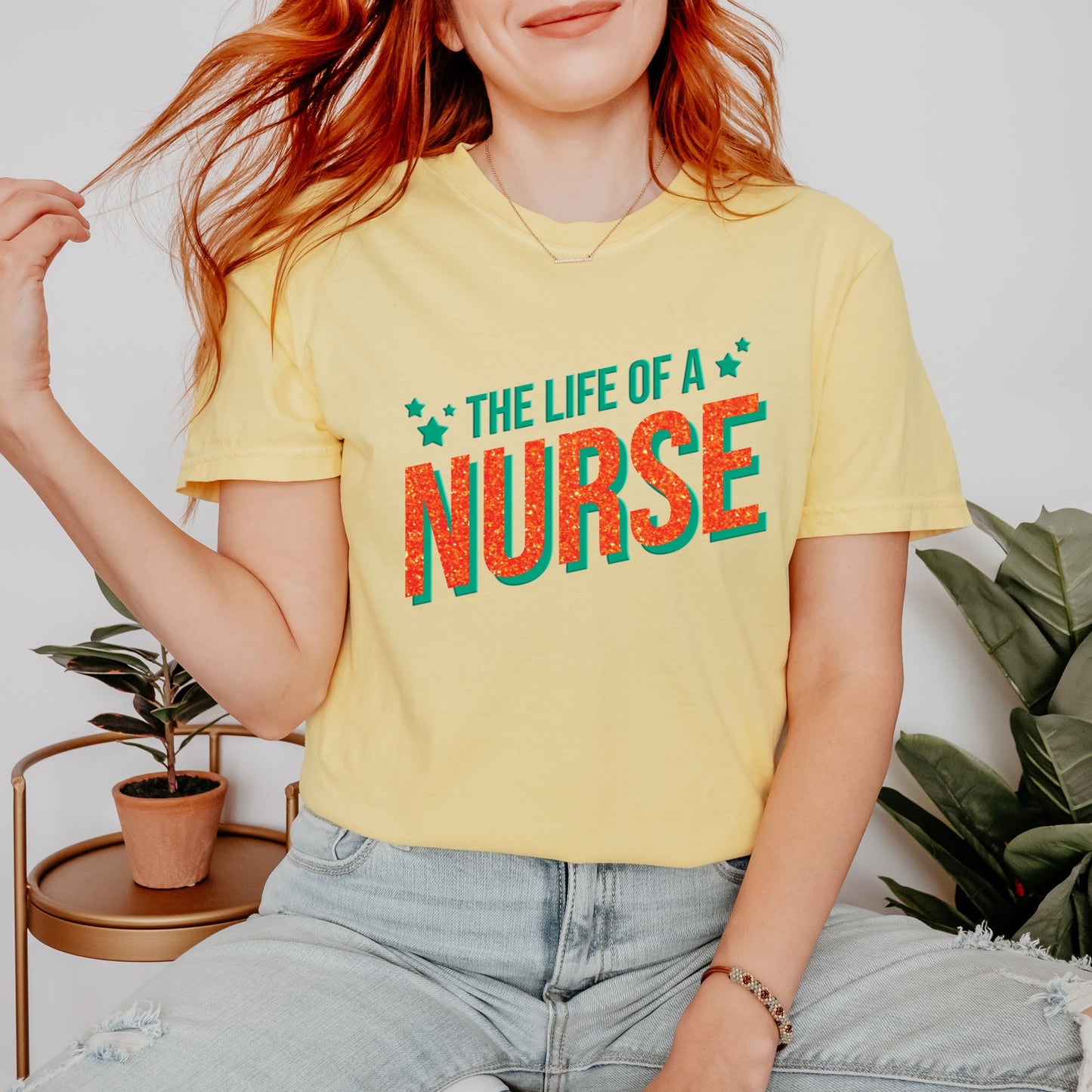 The Life Of A Nurse Puff/Glitter - Womens Garment Dyed Tee