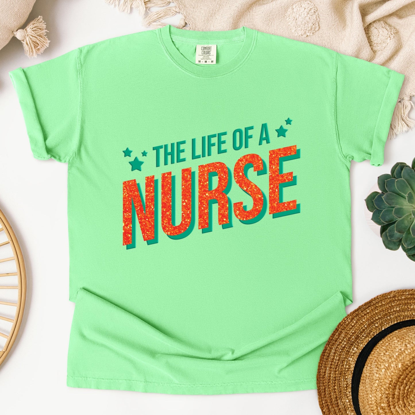 The Life Of A Nurse Puff/Glitter - Womens Garment Dyed Tee