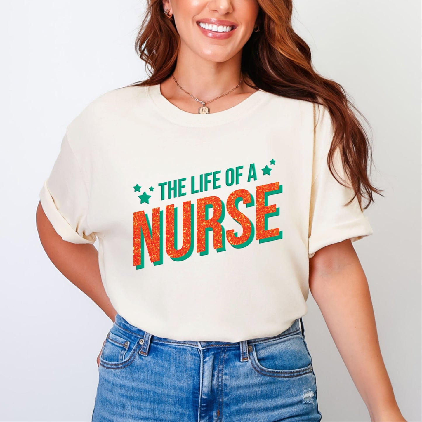 The Life Of A Nurse Puff/Glitter - Womens Garment Dyed Tee