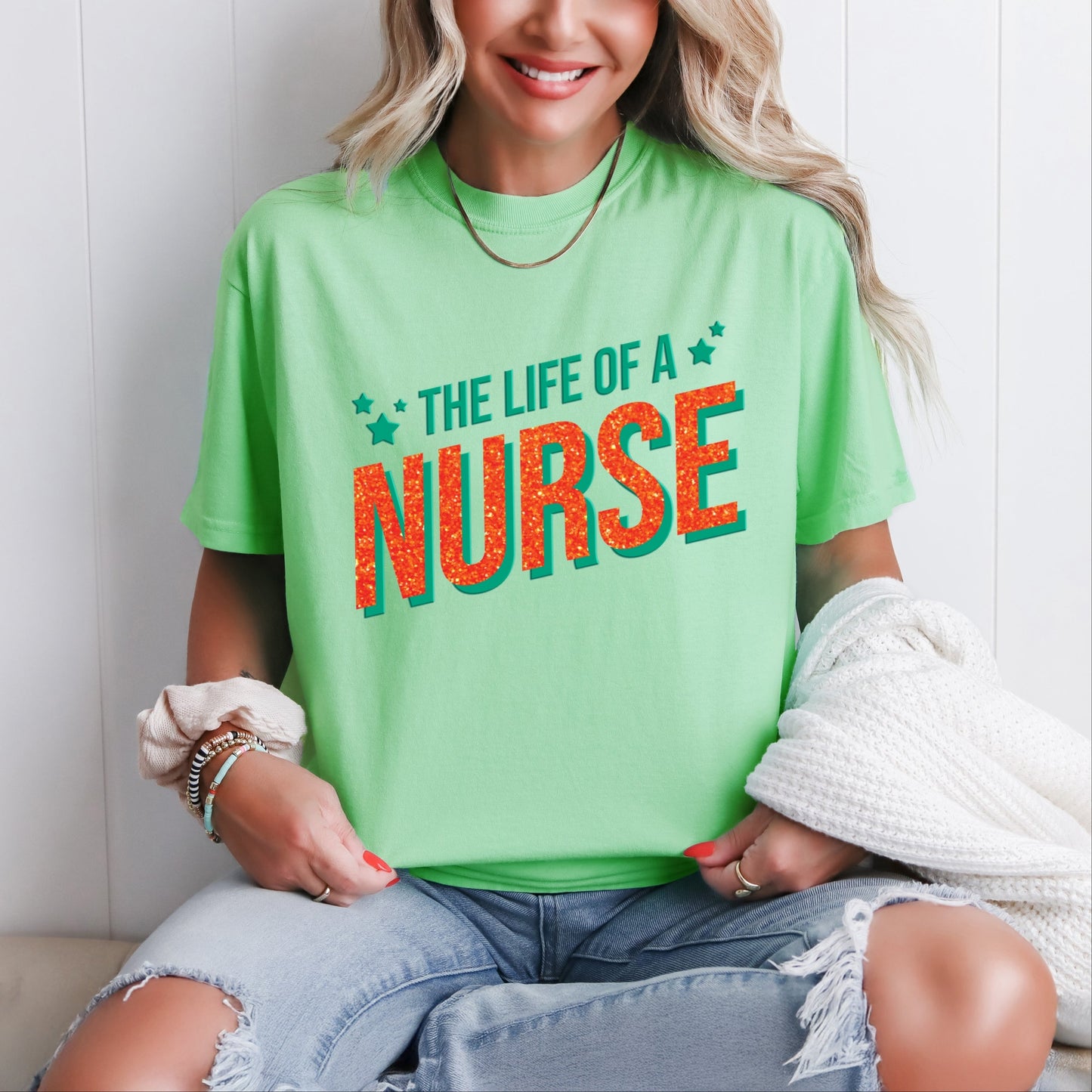 The Life Of A Nurse Puff/Glitter - Womens Garment Dyed Tee