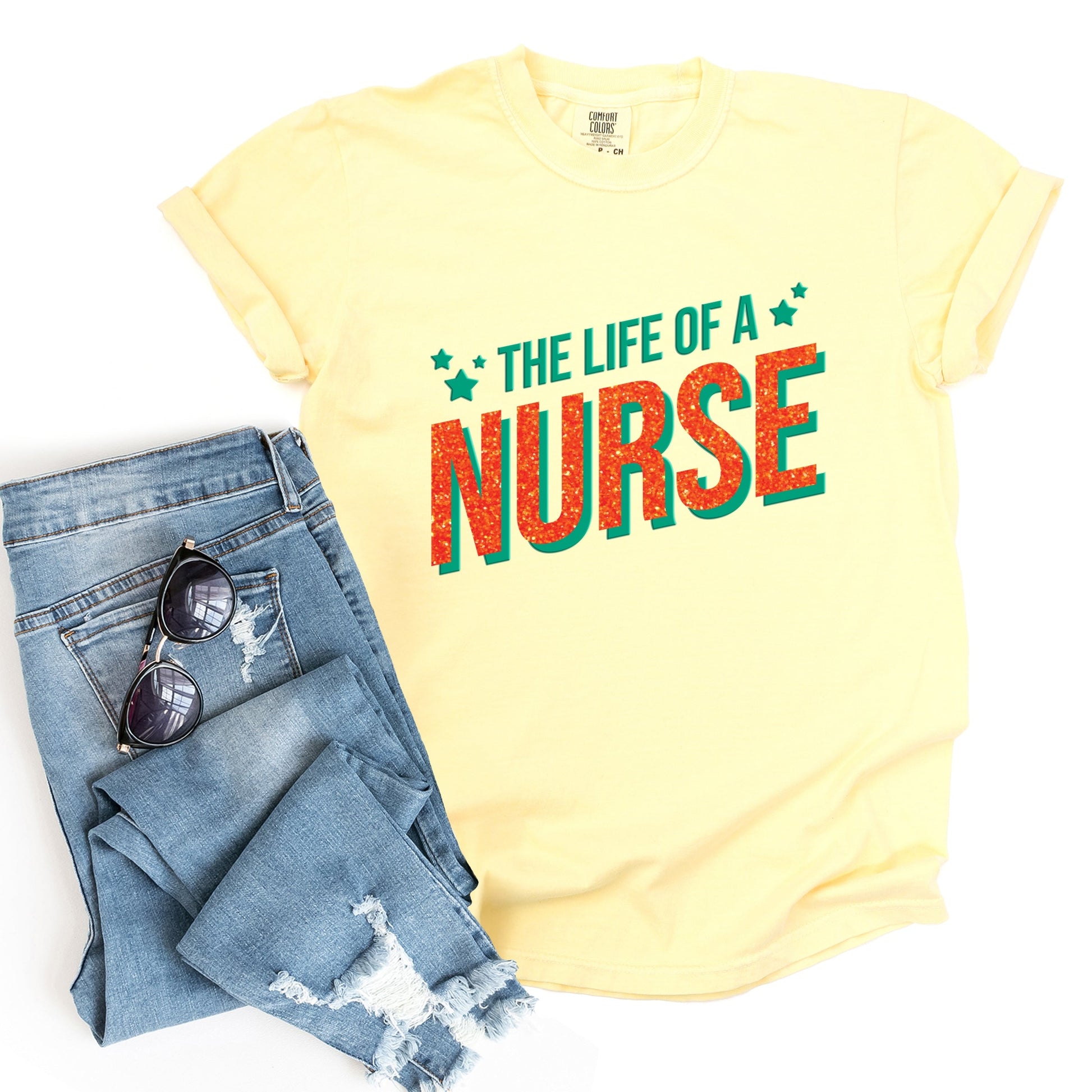 The Life Of A Nurse Puff/Glitter - Womens Garment Dyed Tee