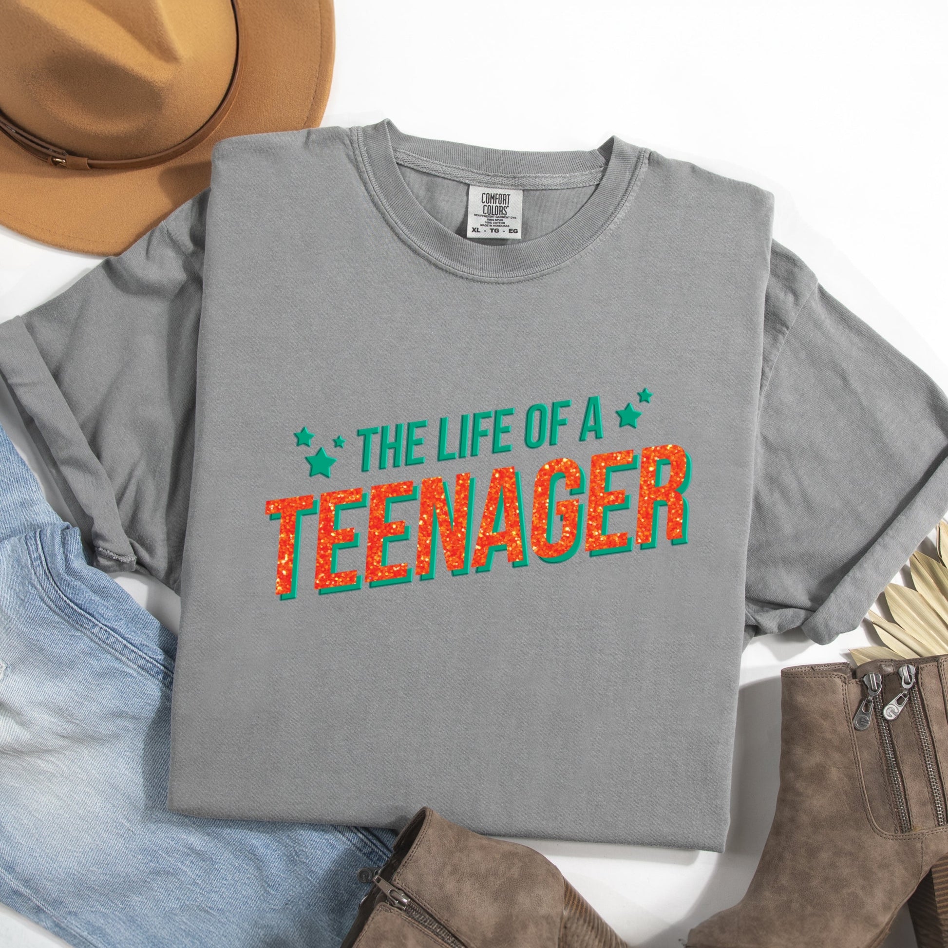The Life Of A Teenager Puff/Glitter - Womens Garment Dyed Tee