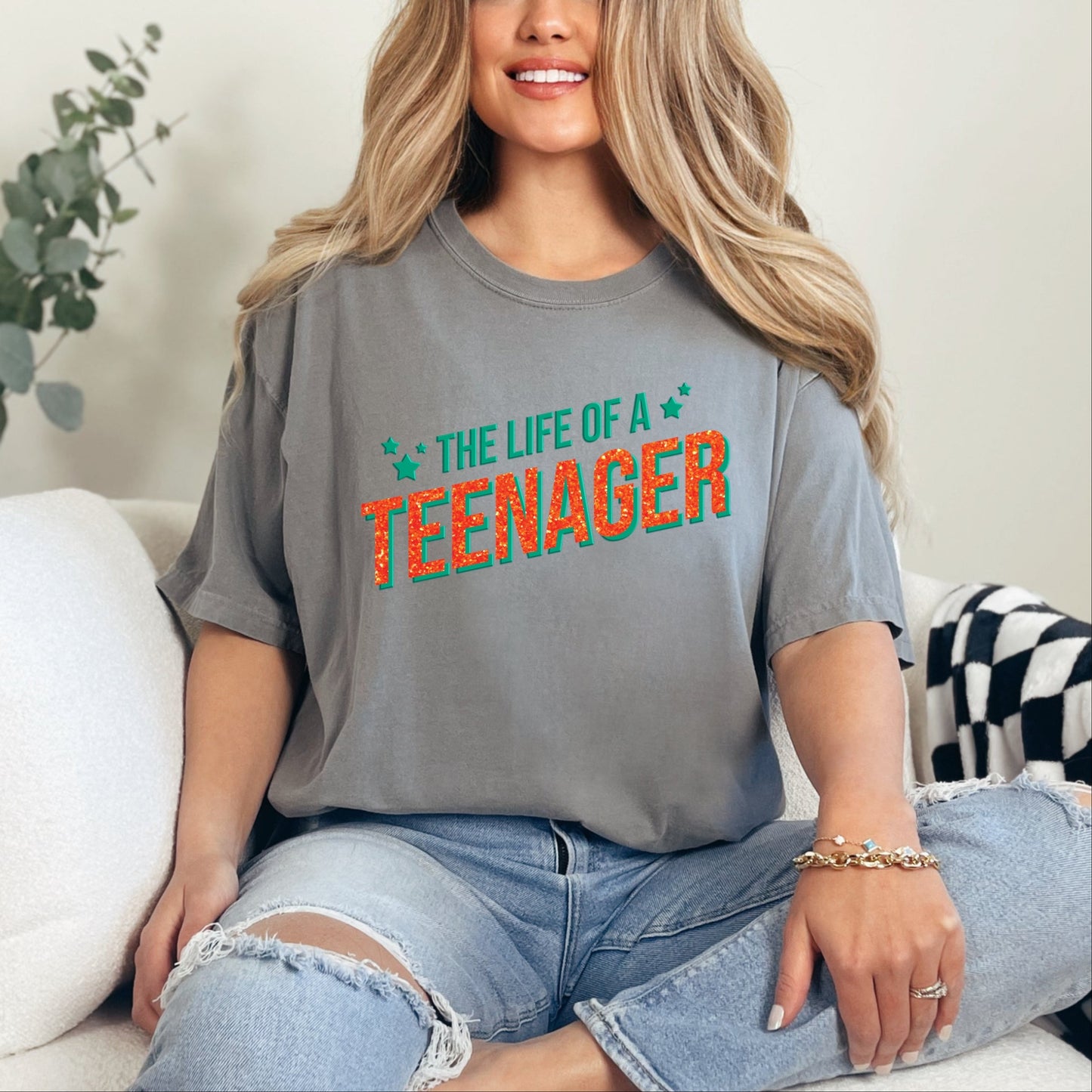 The Life Of A Teenager Puff/Glitter - Womens Garment Dyed Tee