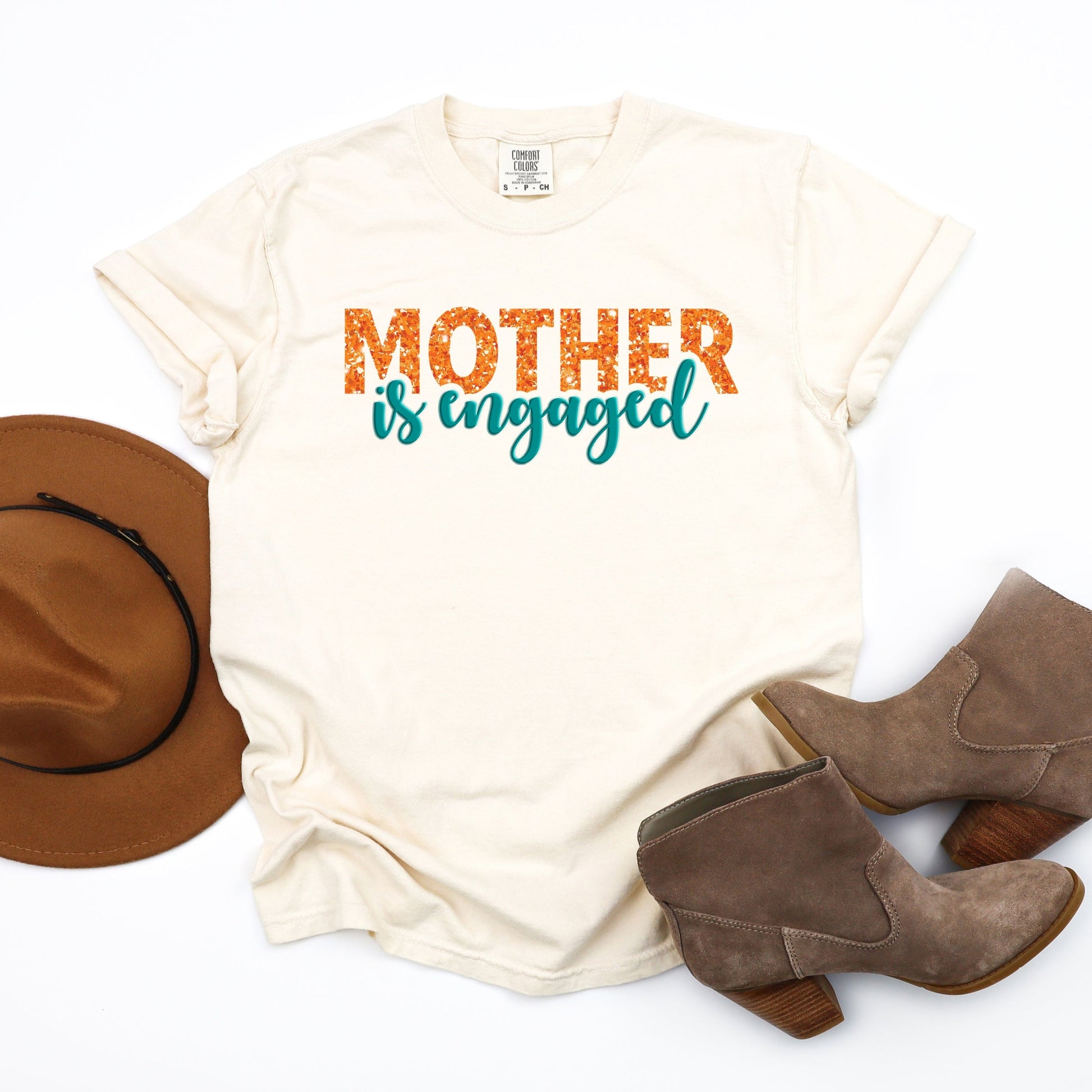 Mother Is Engaged Puff/Glitter - Womens Garment Dyed Tee