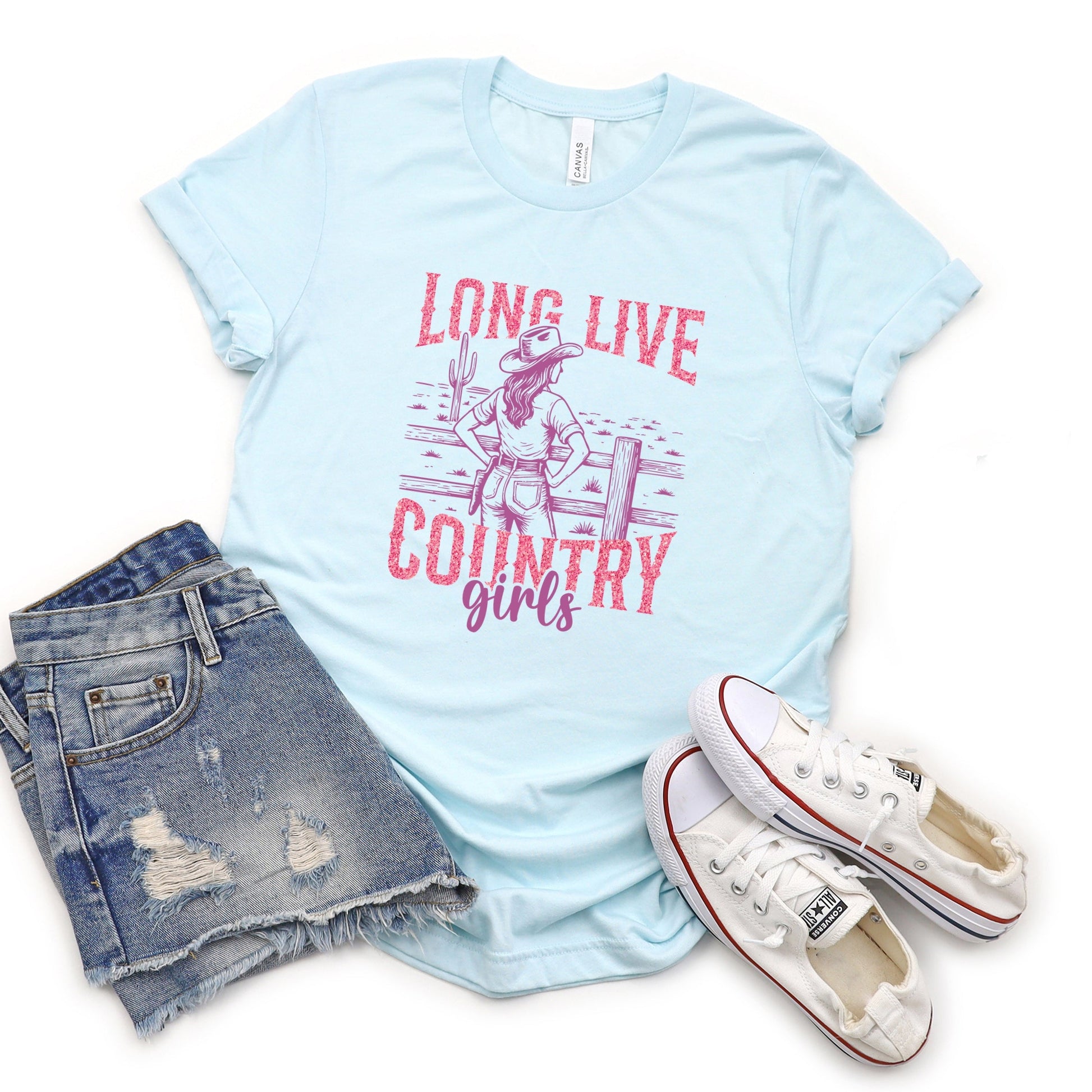 Long Live Country Girls Glitter - Womens Short Sleeve Graphic T-Shirt