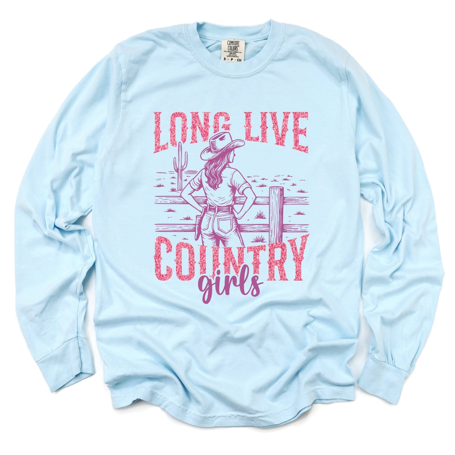Long Live Country Girls Glitter - Womens Garment Dyed Long Sleeve Graphic T-Shirt