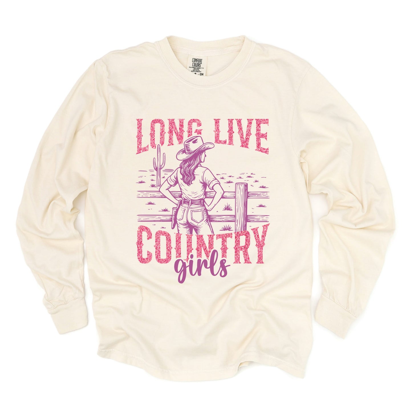 Long Live Country Girls Glitter - Womens Garment Dyed Long Sleeve Graphic T-Shirt