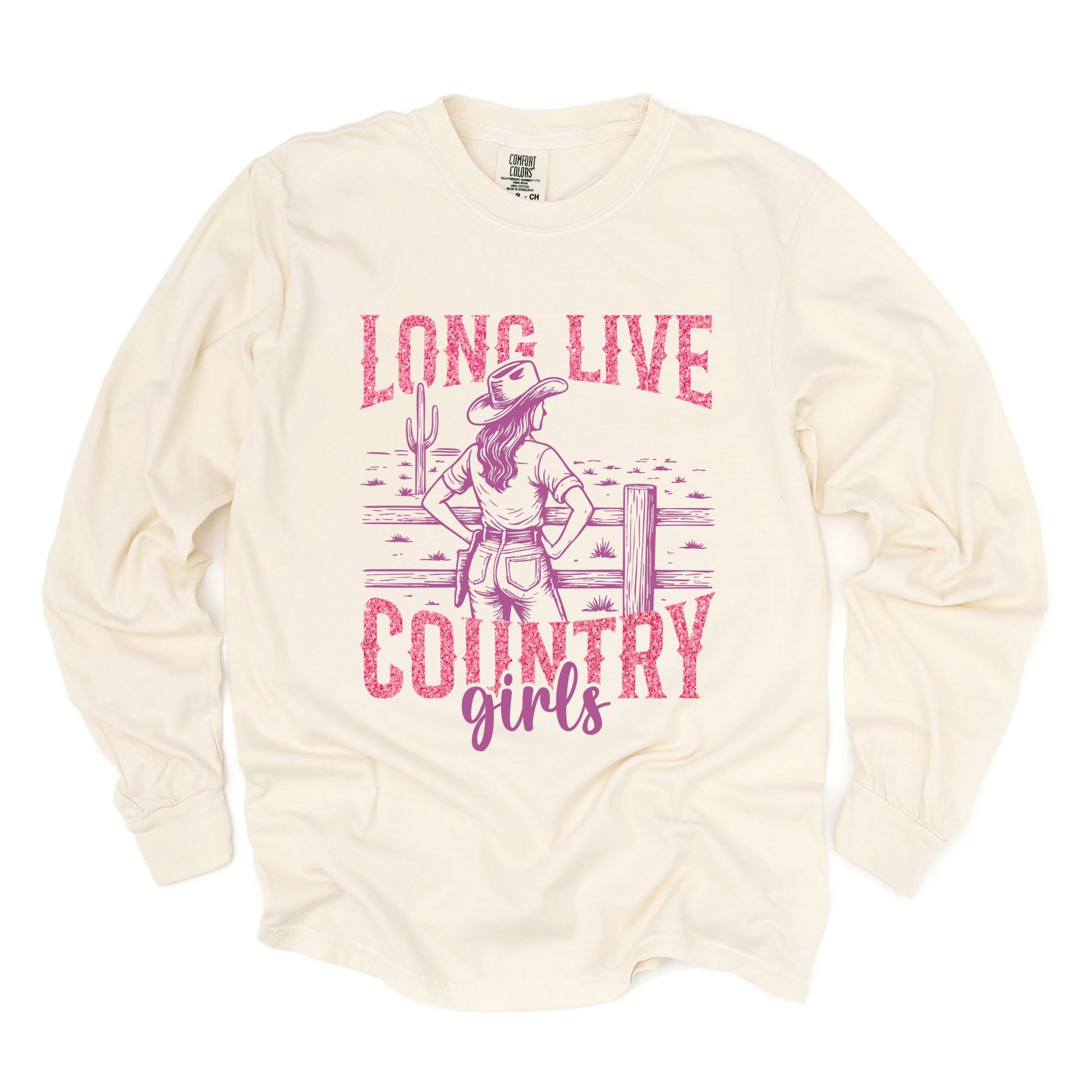Long Live Country Girls Glitter - Womens Garment Dyed Long Sleeve Graphic T-Shirt