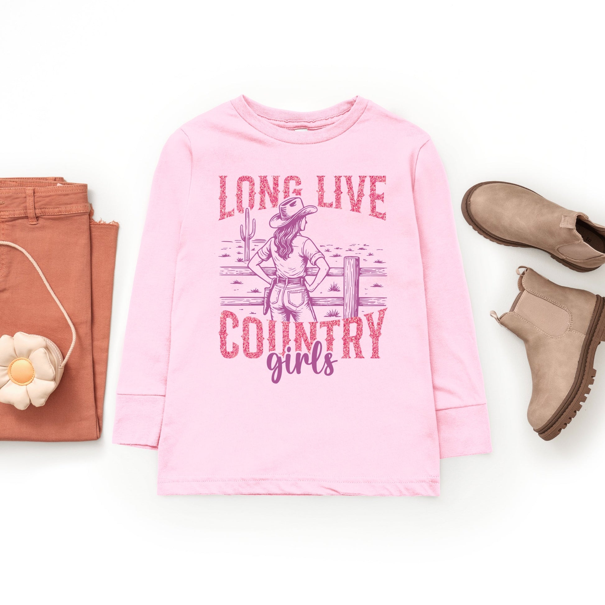 Long Live Country Girls Glitter - Youth Long Sleeve Graphic T-Shirt