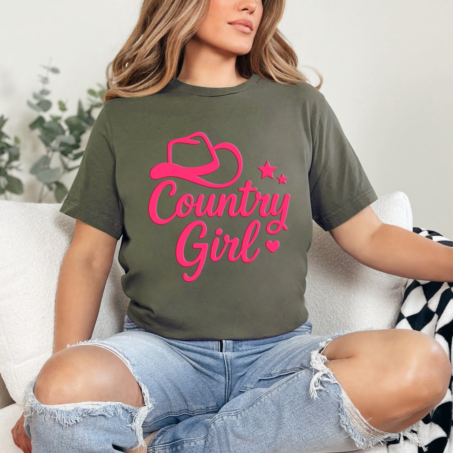 Country Girl Hat Puff Print  - Womens Short Sleeve Graphic T-Shirt