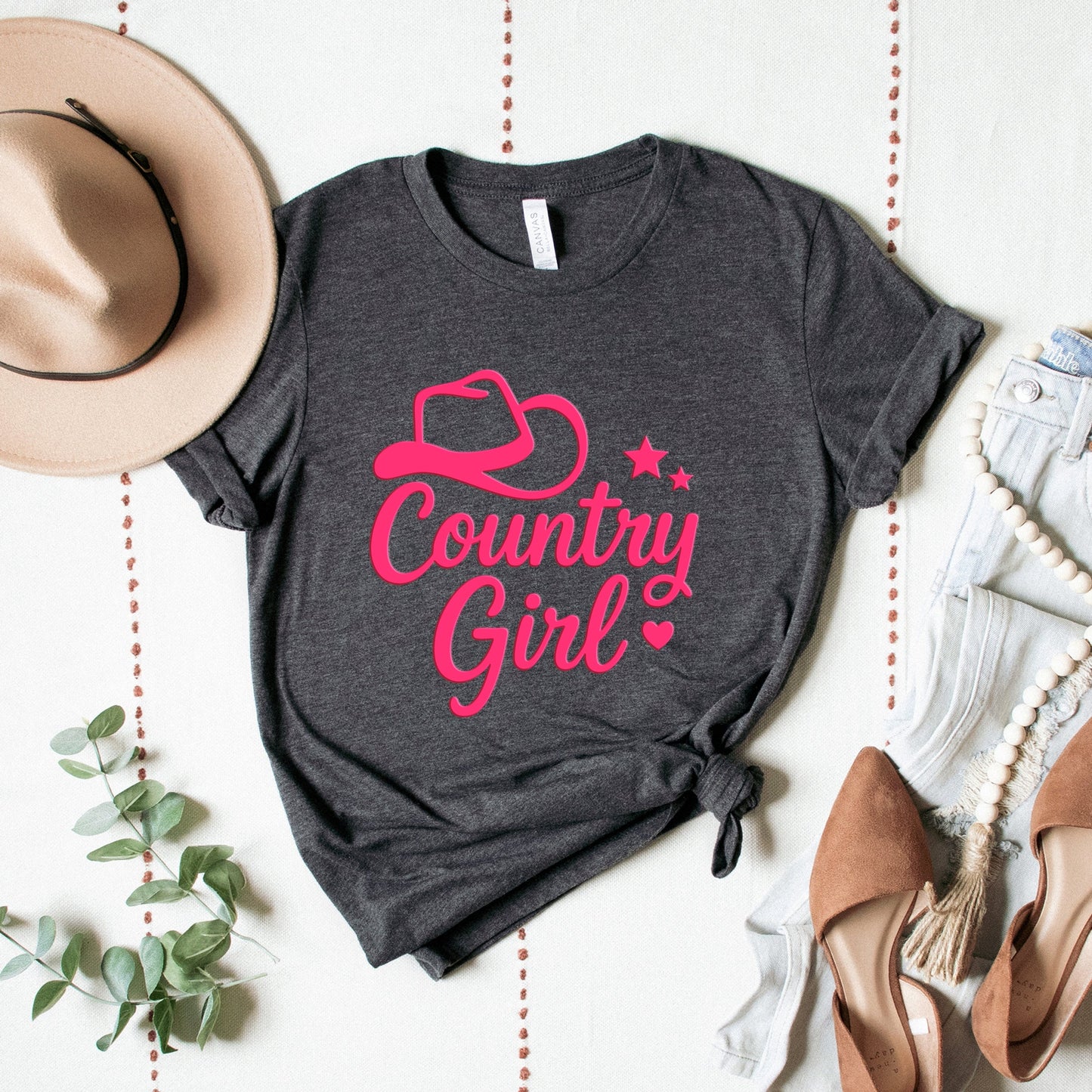 Country Girl Hat Puff Print  - Womens Short Sleeve Graphic T-Shirt