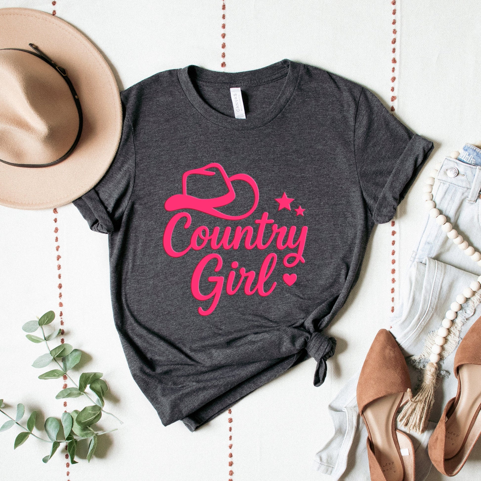Country Girl Hat Puff Print  - Womens Short Sleeve Graphic T-Shirt