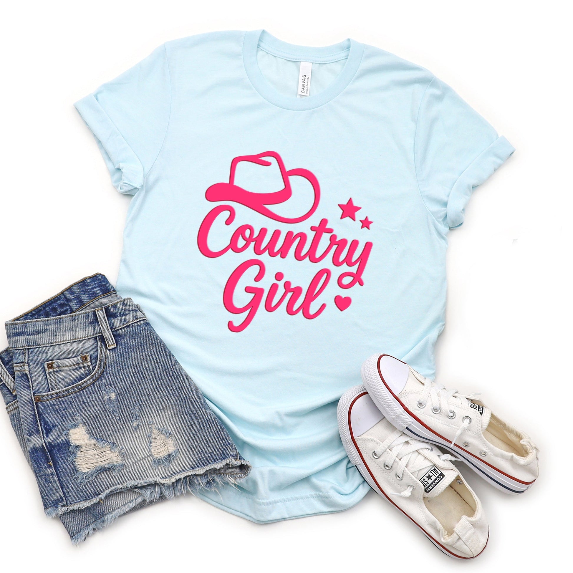 Country Girl Hat Puff Print  - Womens Short Sleeve Graphic T-Shirt