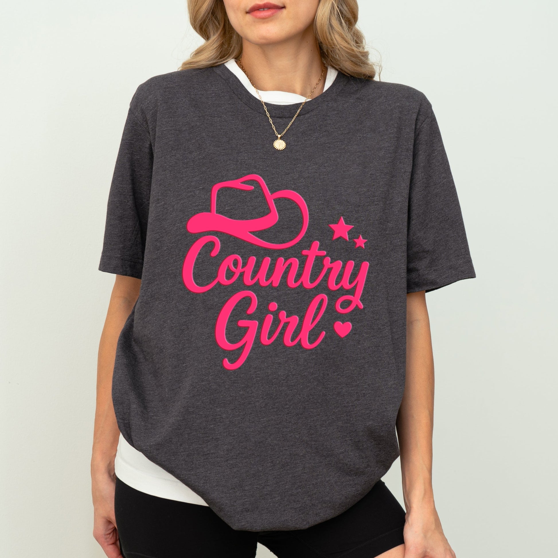 Country Girl Hat Puff Print  - Womens Short Sleeve Graphic T-Shirt