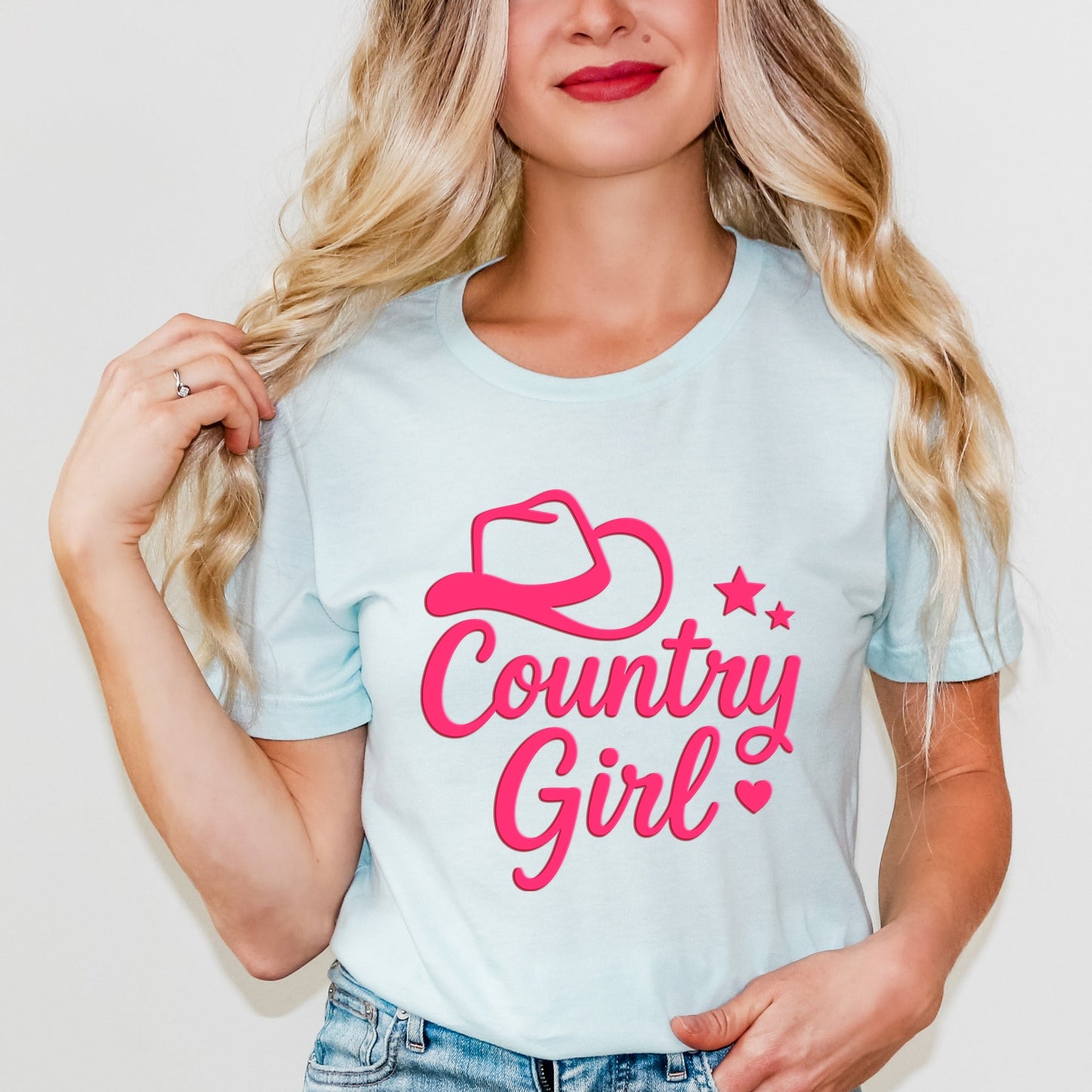 Country Girl Hat Puff Print  - Womens Short Sleeve Graphic T-Shirt